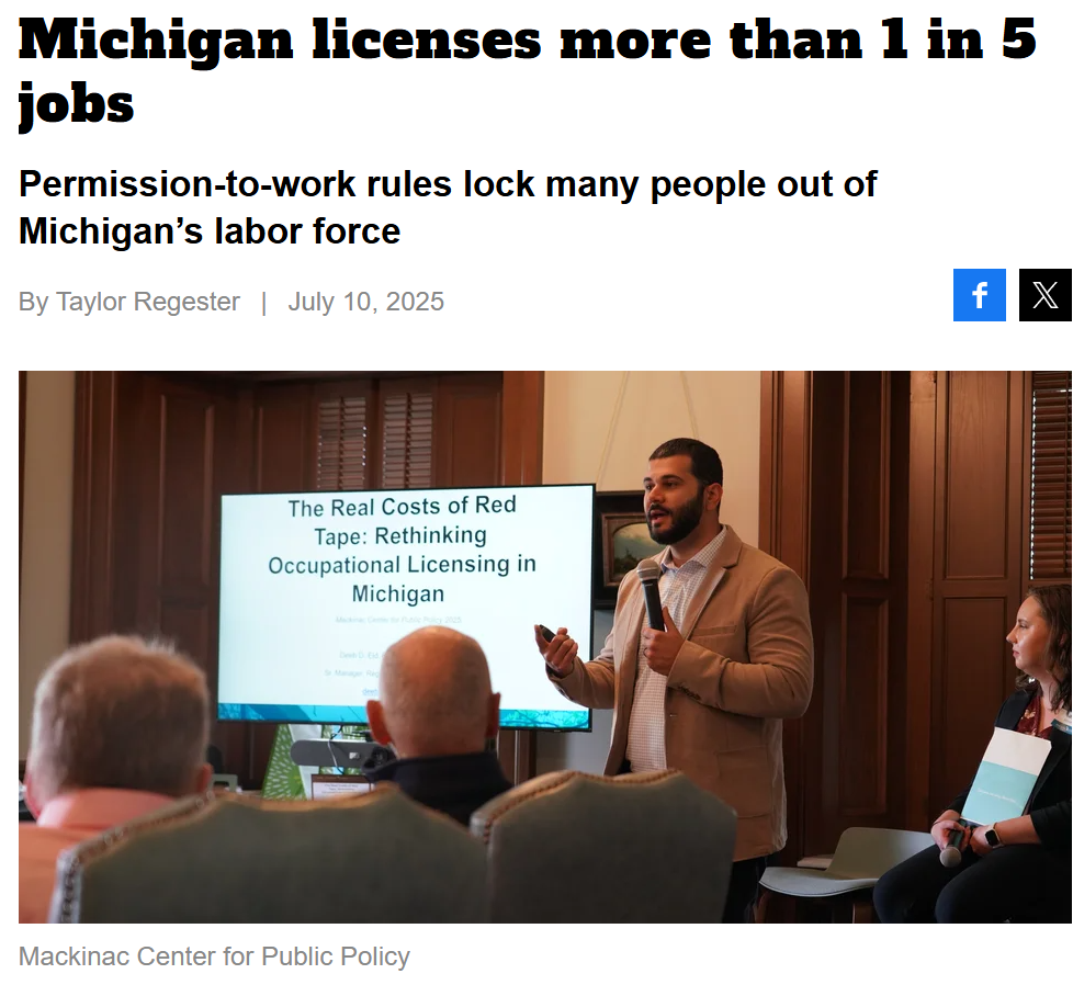 "Michigan requires a license to work in 175 occupations — from barbers to auto mechanics. These restrictions affect more than one million workers, or about one in five members of the state’s workforce.
Many of these license requirements defy logic a