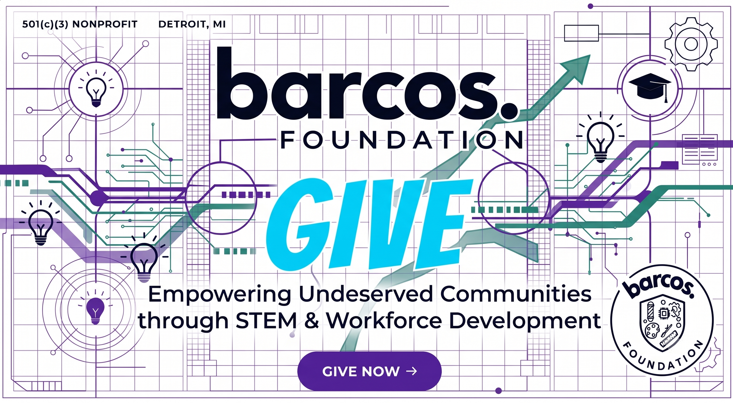 A graphic for the Barcos Foundation promoting STEM and workforce development, emphasizing empowering underserved communities, featuring circuitry and light bulb illustrations, and a prominent donate button.