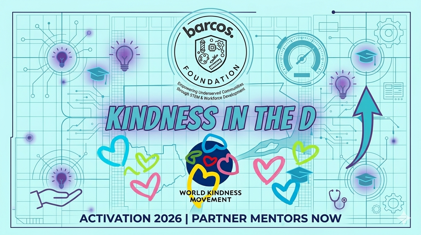 Graphic promoting kindness in the digital age, with colorful hearts, graduation caps, light bulbs, and icons representing STEM and healthcare, related to the Barcos Foundation's World Kindness Movement and activation event for mentors in 2026.