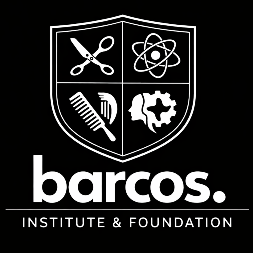 Black background with white shield containing icons of scissors, atomic model, comb, and a human profile with a gear, with the text 'barcos. Institute & Foundation' below.