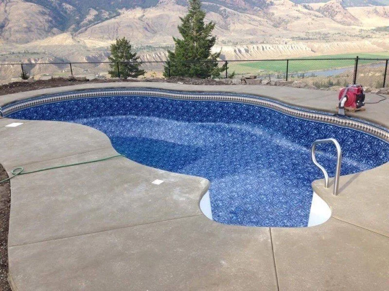 Empty kidney-shaped swimming pool with patterned blue interior lining, surrounded by concrete deck, with hills and trees in background.