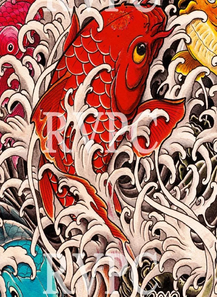 Colorful illustration of a red koi fish swimming among stylized white and blue waves.