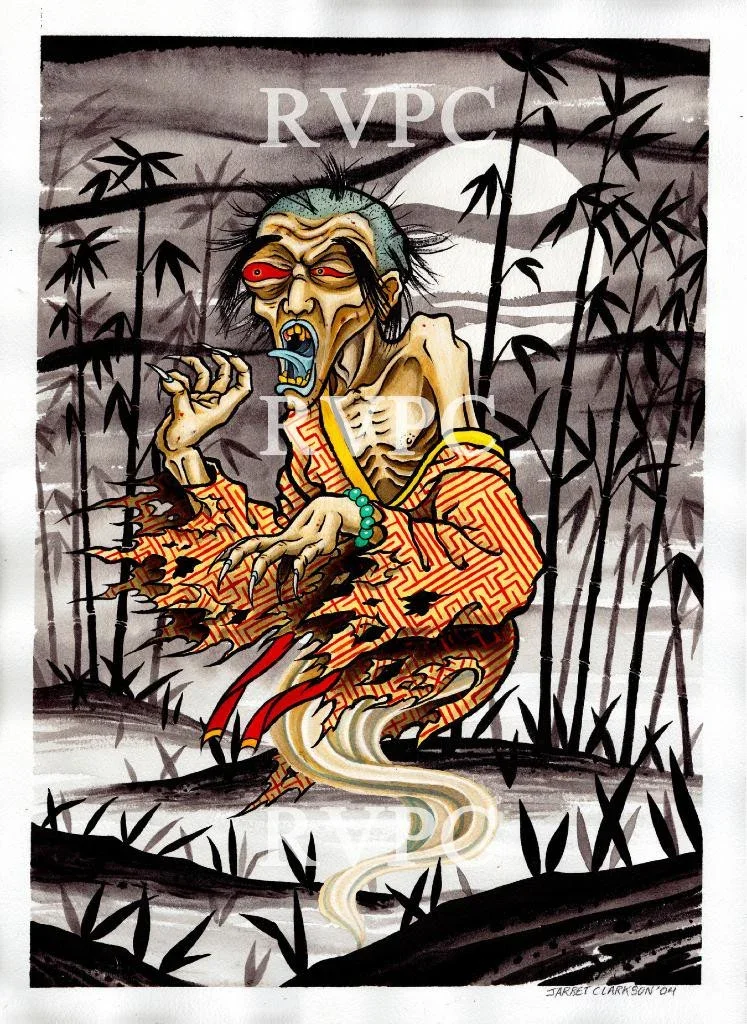 A surreal illustration of a humanoid creature with a zombie-like face, long sharp claws, and a snake-like lower body, dressed in a patterned orange robe, standing in a bamboo forest with a moonlit sky in the background.