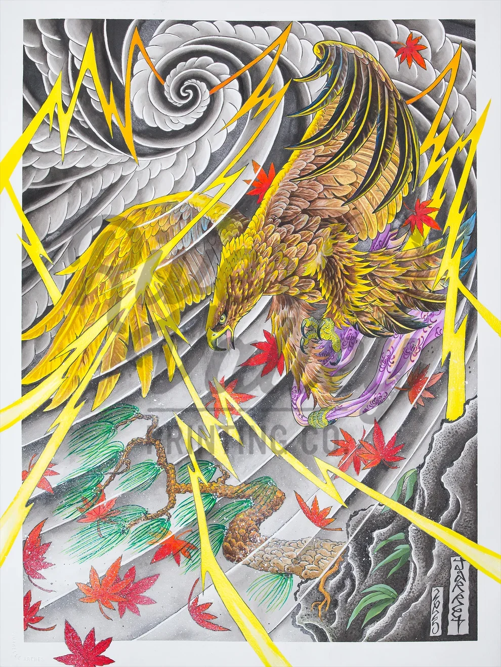 A vibrant artwork depicting a fierce battle scene between a golden eagle and a dragon, surrounded by swirling clouds, falling red maple leaves, and yellow lightning bolts.