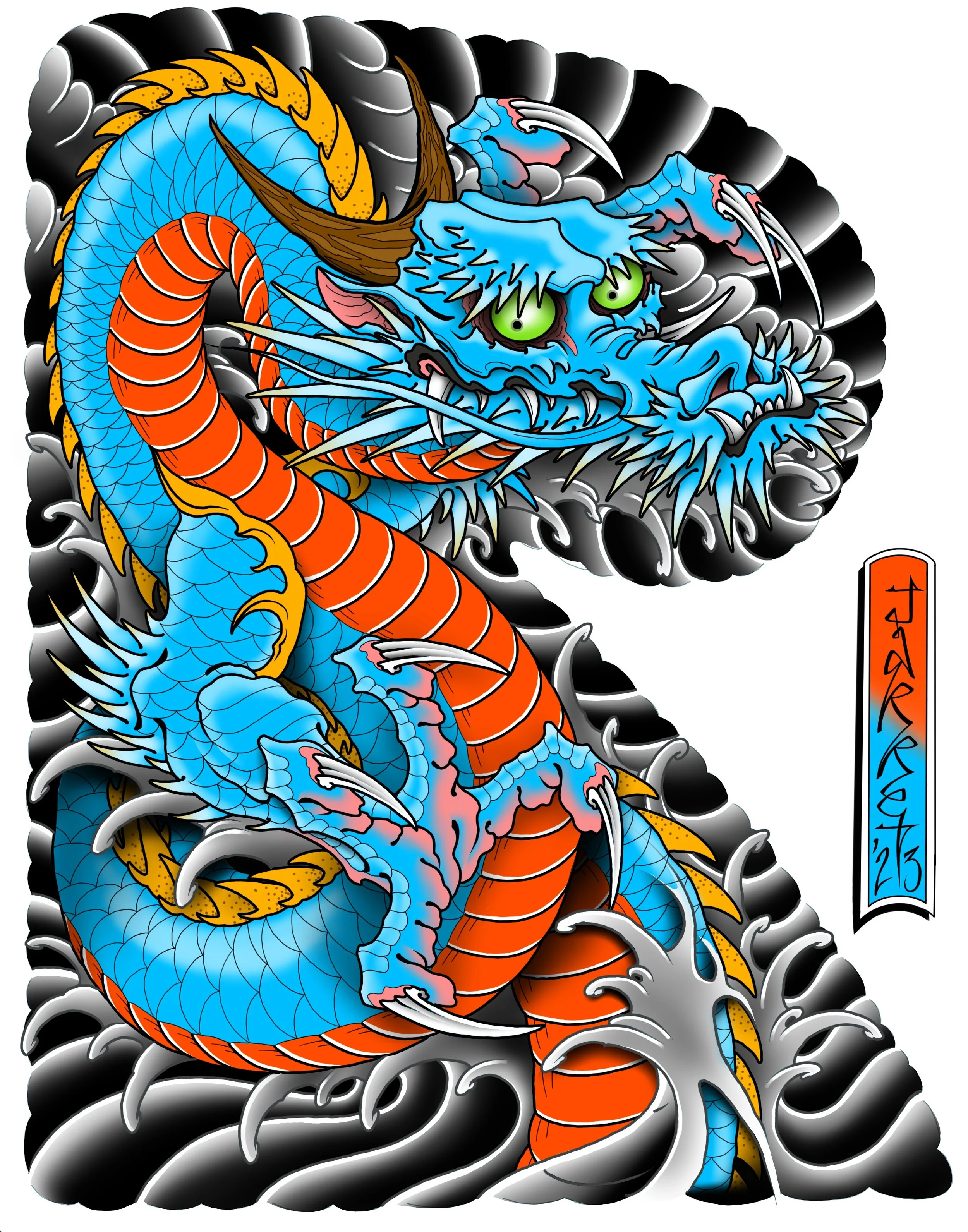 Traditional Japanese-style dragon tattoo with blue, orange, yellow, brown, pink, green, black, and white colors, featuring a blue dragon with green eyes, sharp claws, and a spiked body surrounding clouds.