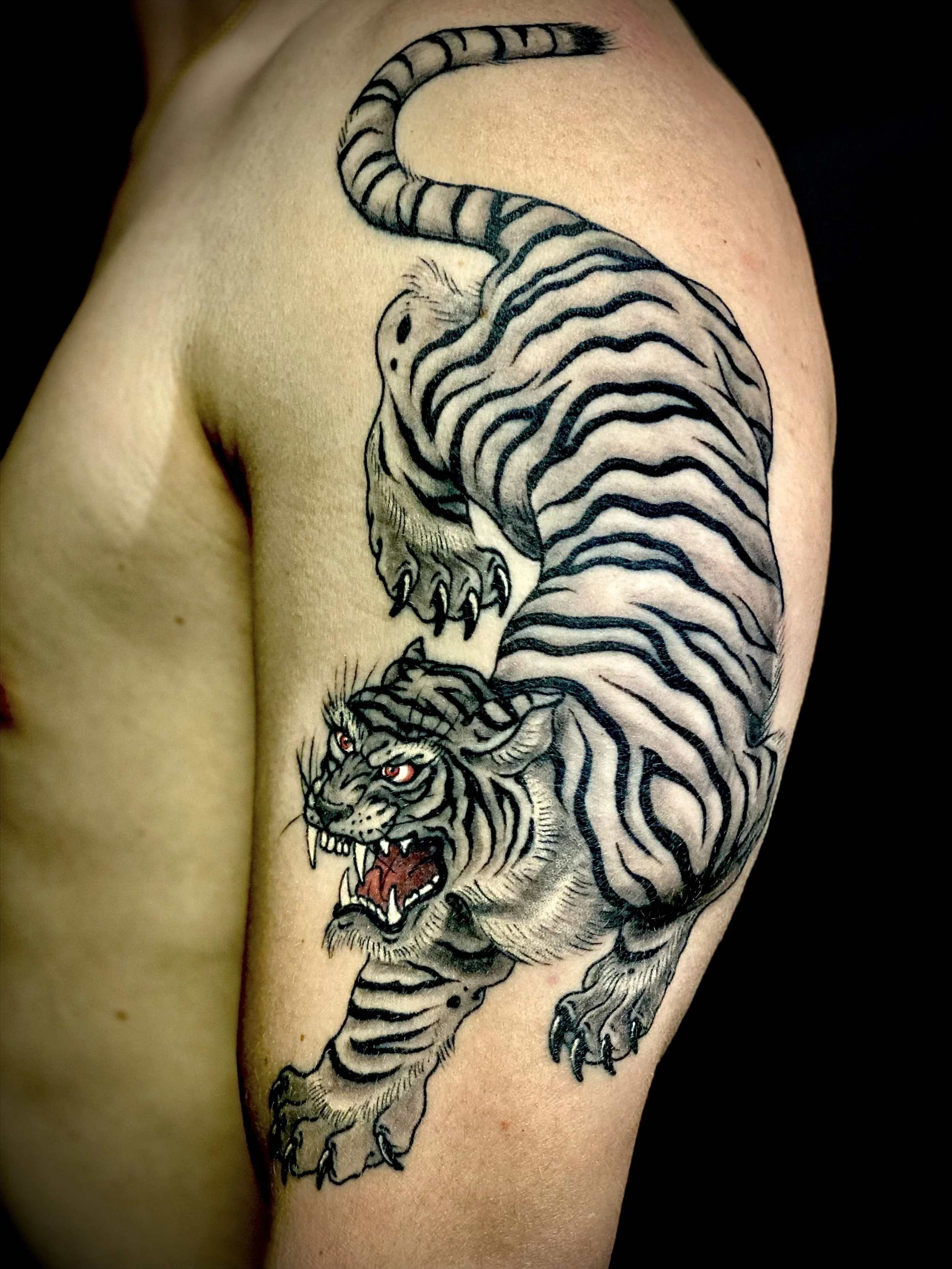 Tattoo of a roaring tiger with white and black striped fur on a person's upper arm and shoulder.