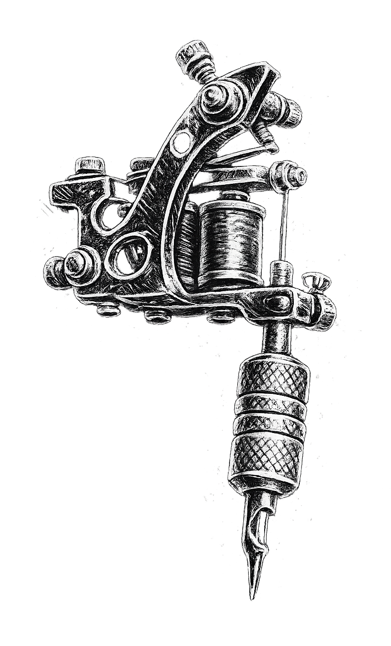 Black and white drawing of a tattoo machine with detailed mechanical parts and a textured grip, set against a black background.