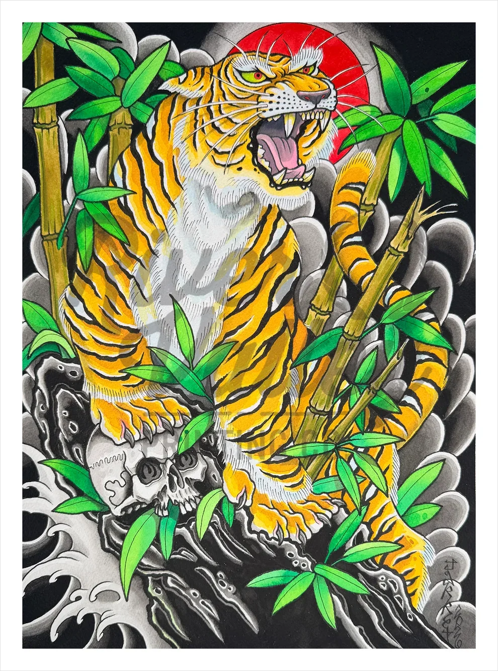 Artwork of a roaring tiger with black stripes on orange fur, surrounded by green bamboo stalks and leaves, with a red sun in the background and skulls at its paws.