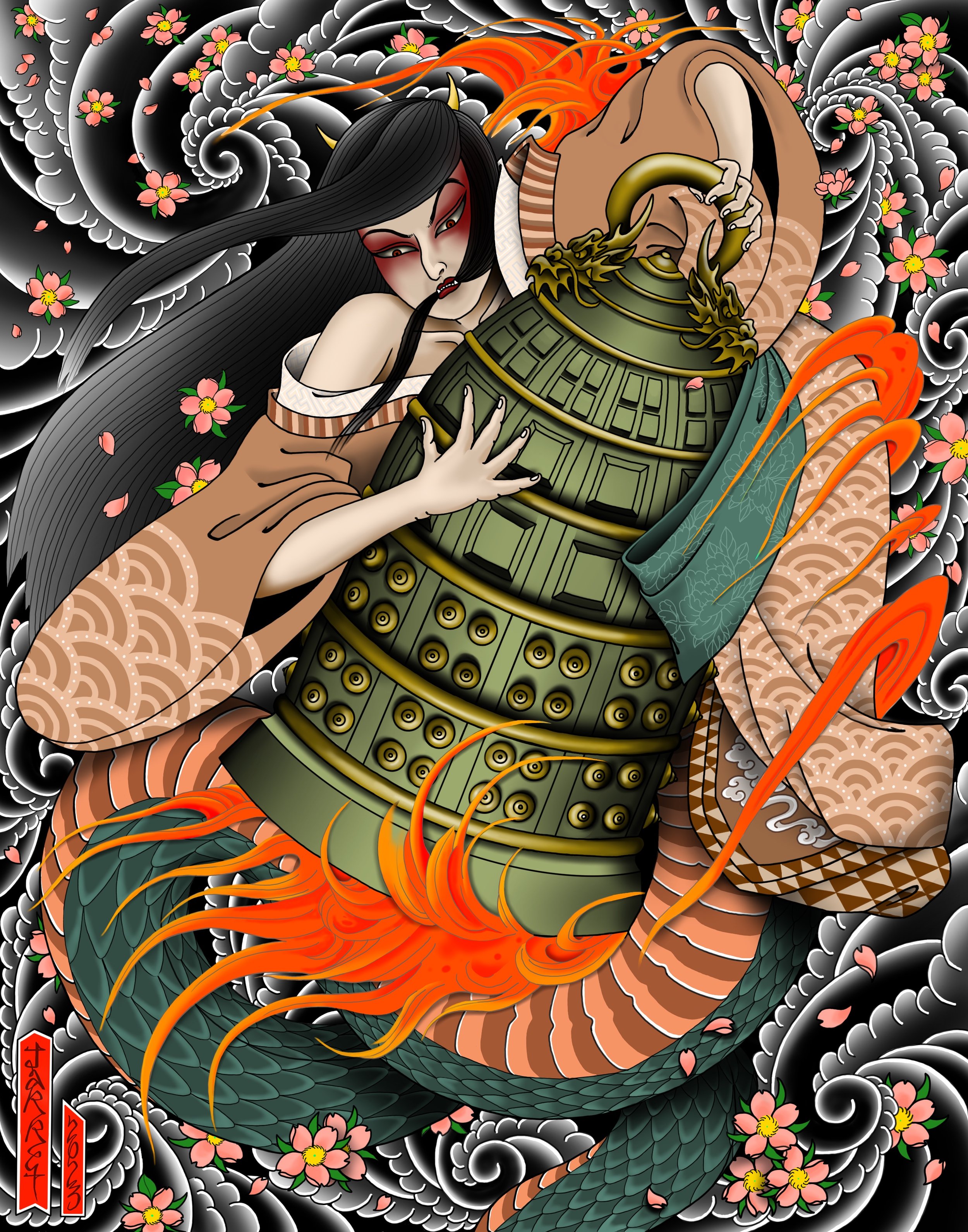 A dark-haired woman with red eyes and pale skin, holding a large, green, armored dragon egg, surrounded by black clouds and pink cherry blossoms.