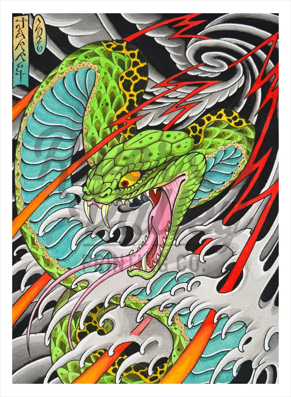 A colorful illustration of a fierce green snake with blue and yellow accents, attacking with its open mouth, fangs, and tongue. The background depicts a stormy scene with swirling clouds, red lightning bolts, and turbulent water.