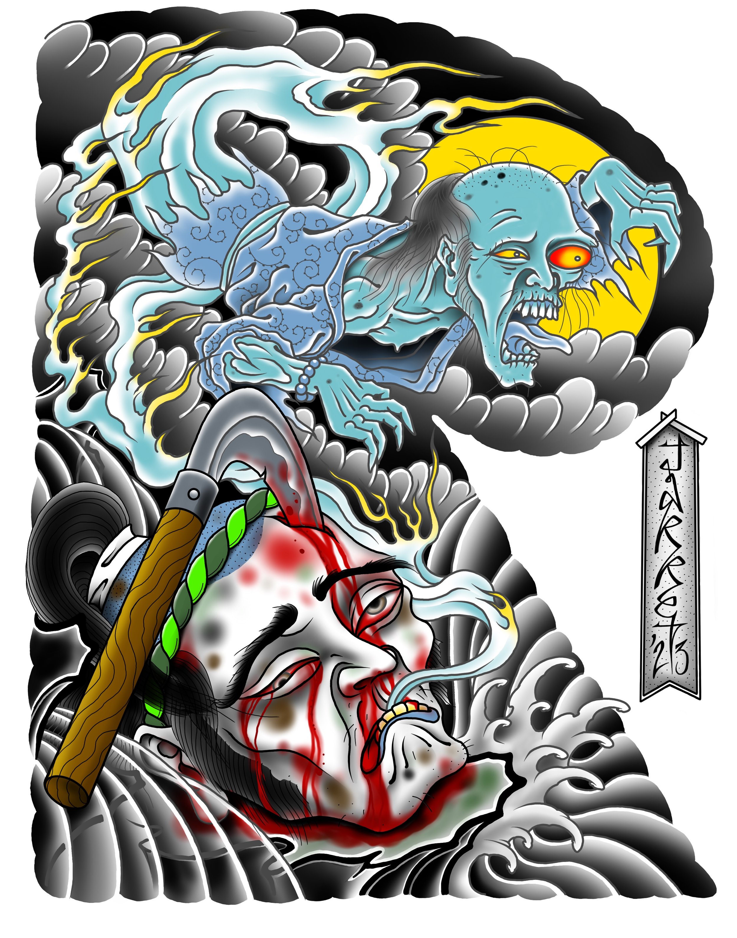 A tattoo-style illustration featuring a zombie-like figure with grayish skin, long black hair, and glowing yellow eyes, reaching out above a corpse with a bleeding face and marijuana pipe. The zombie is surrounded by dark clouds and lightning, with a