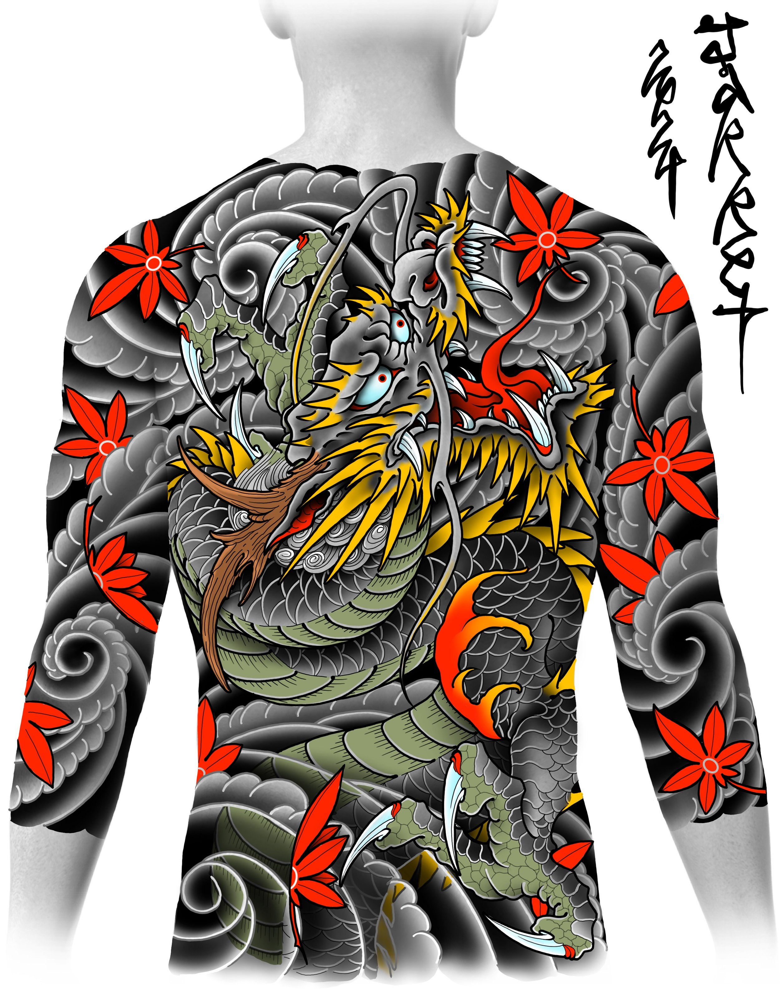 Tattoo of a fierce dragon coiled around a snake, surrounded by red flowers, on a person's chest.