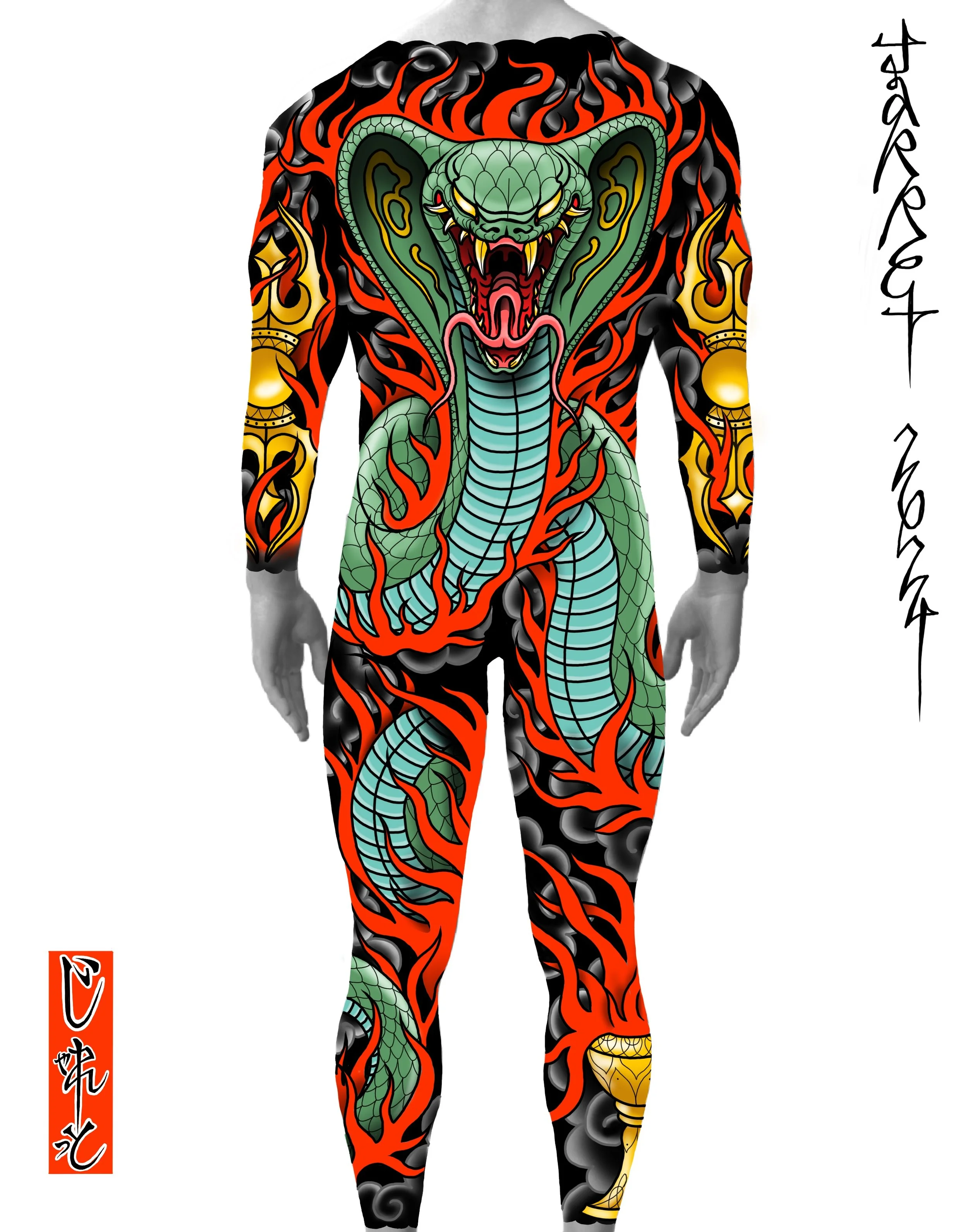 Tattoo sleeve featuring a large green serpent with an open mouth, fangs, and a tongue, surrounded by black and red flames, and gold elements on the upper arm.