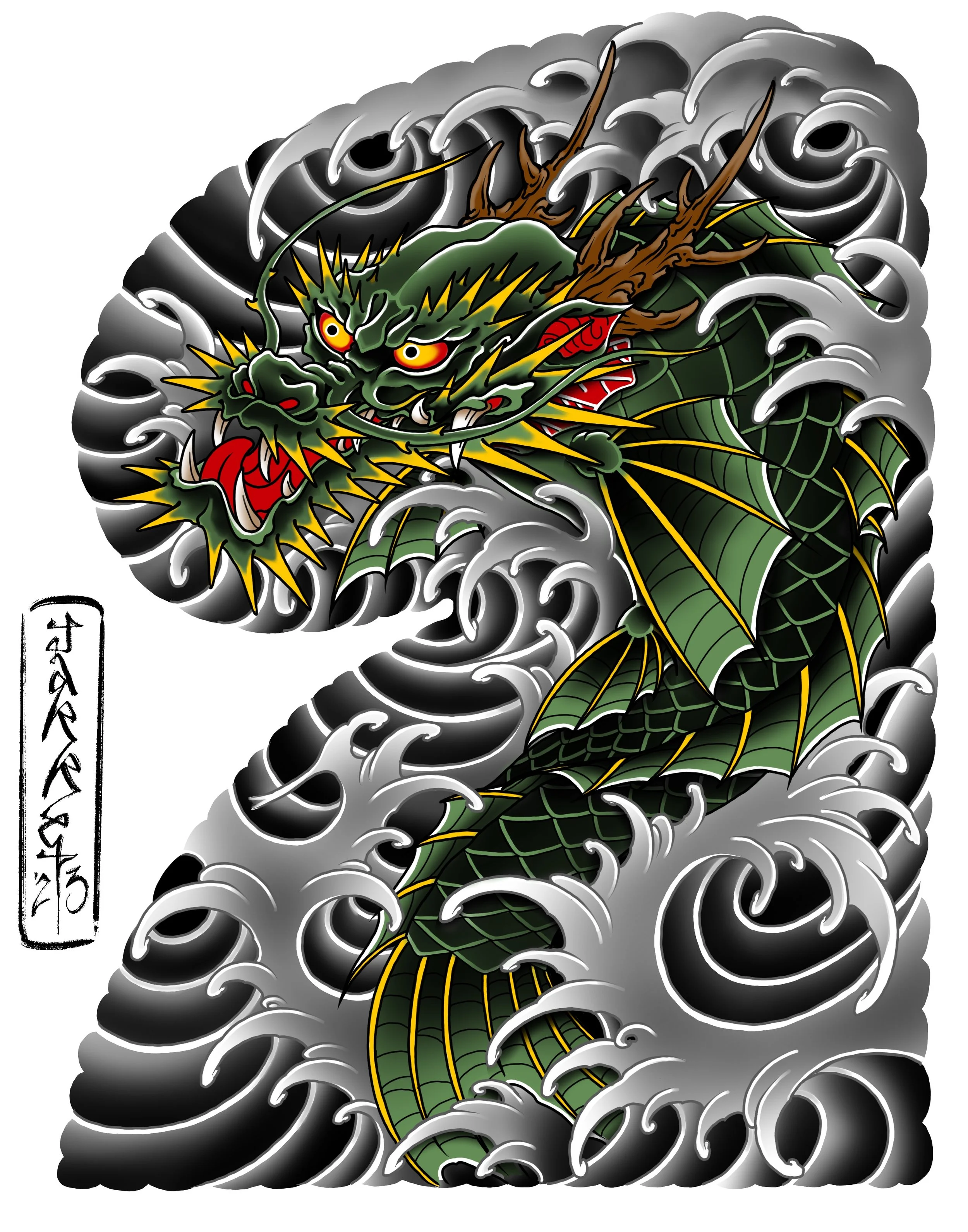 Traditional Japanese-style dragon tattoo design with a green and black dragon surrounded by gray and black stylized clouds.