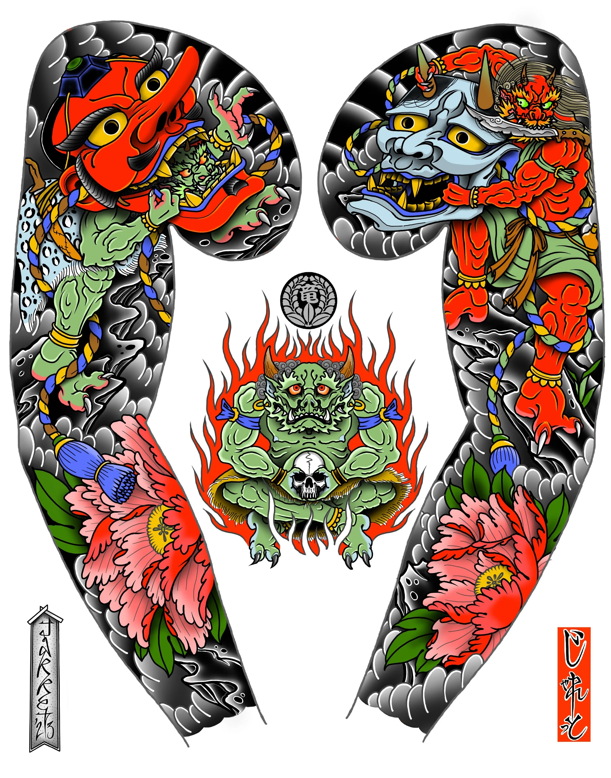 Traditional Japanese tattoo featuring fierce mythological creatures, including a blue-faced ogre with a skull, an orange dragon, and a red demon, with pink peonies and decorative elements on the arms.
