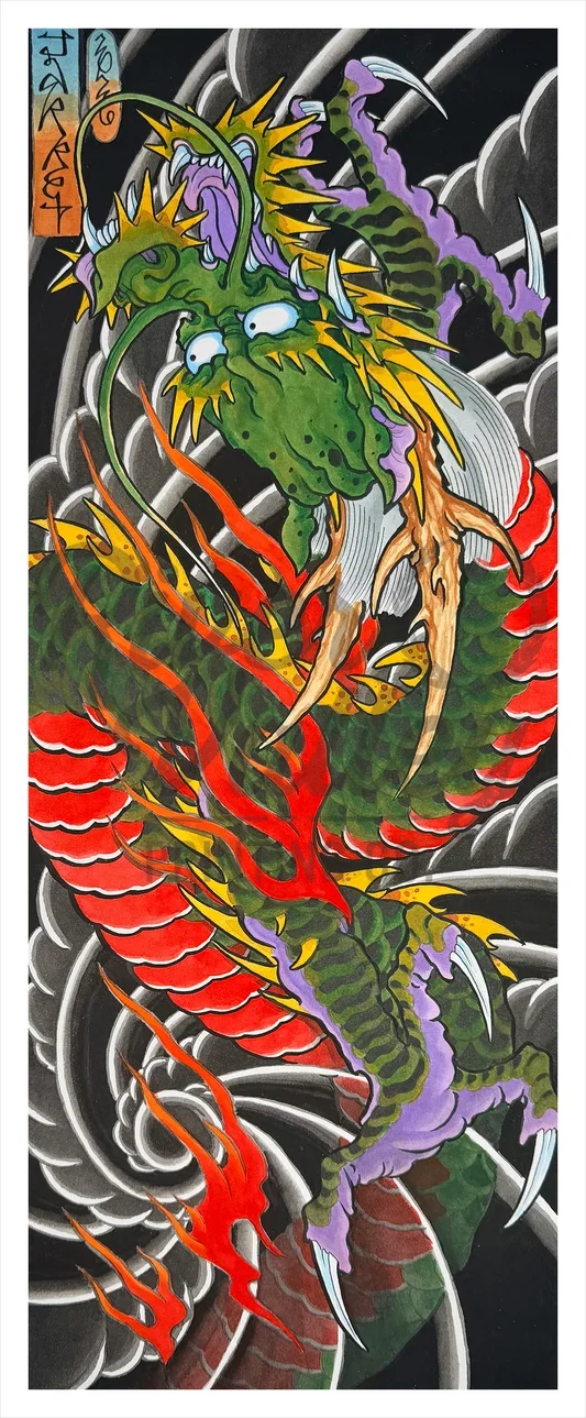 Colorful dragon with green, purple, and red scales breathing fire amidst black smoke.