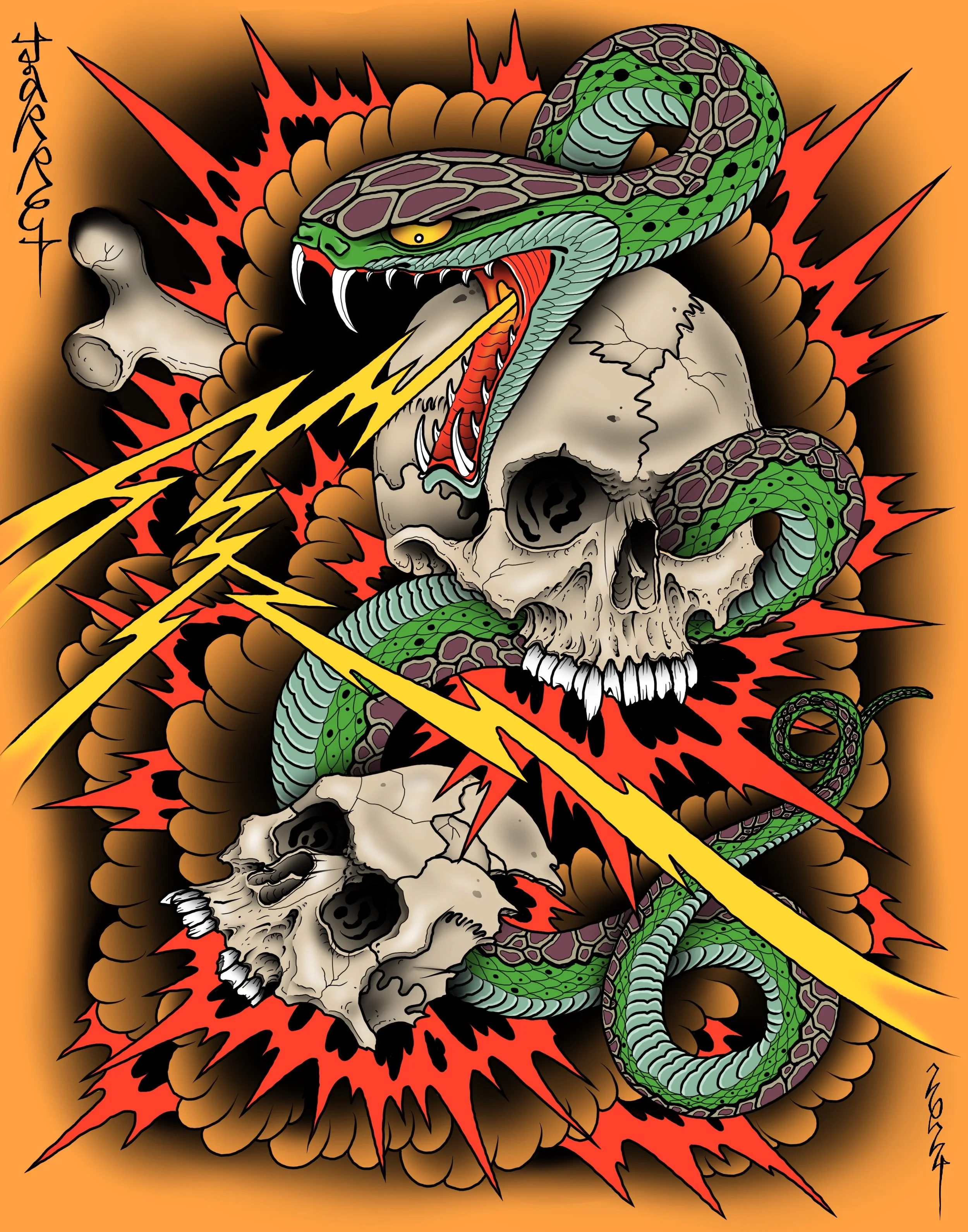 A detailed tattoo-style illustration featuring a threatening green snake with brown markings, emerging from behind two human skulls, with a background of explosive red and brown patterns. The snake is biting the skull and releasing yellow lightning b