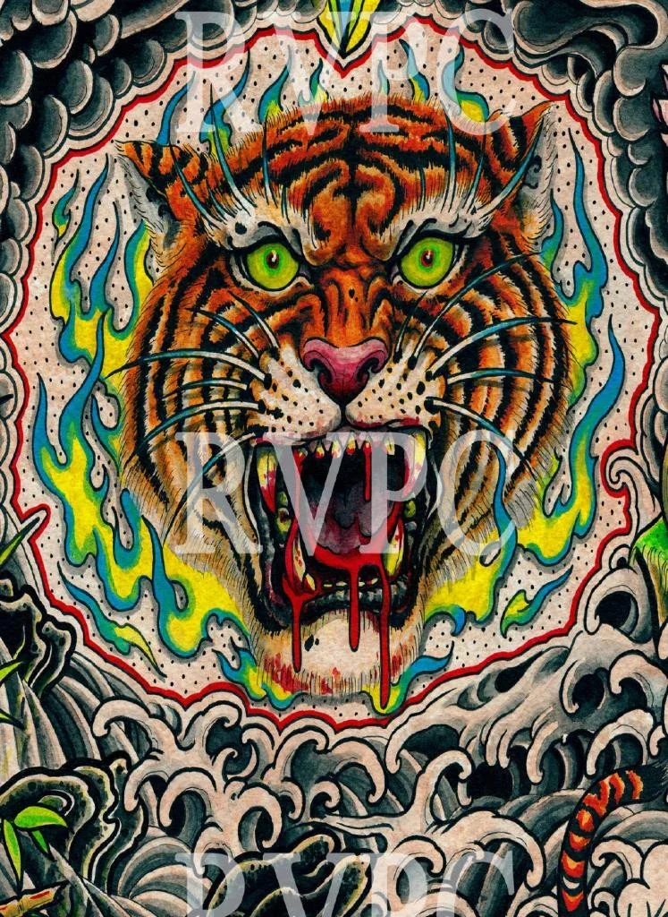 Colorful graffiti art depicting a fierce tiger's face with green eyes and blood dripping from its mouth, surrounded by clouds and vibrant flames.