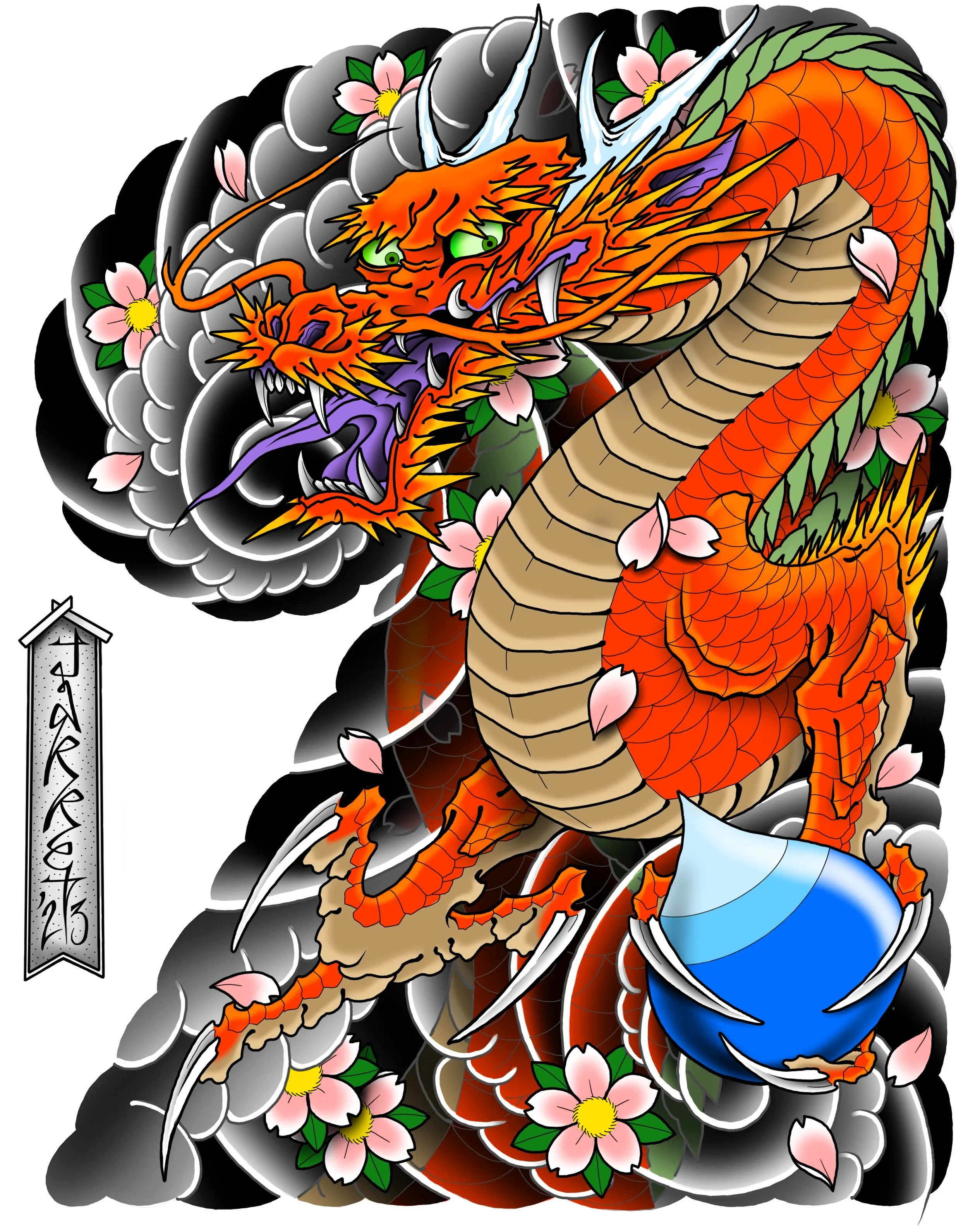 Traditional Japanese-style tattoo featuring a fierce orange dragon with green eyes, surrounded by pink cherry blossoms, with a blue and white water droplet at its claws, set against a black and gray cloud background. There is a vertical banner with J
