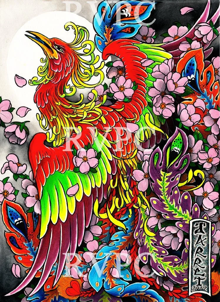 Colorful tattoo-style illustration of two phoenixes surrounded by pink cherry blossoms and vibrant butterflies.