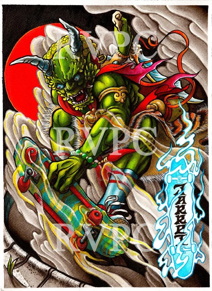 A colorful skateboard deck with a fierce green demon character wearing a red cape, holding a skateboard, surrounded by lightning and smoke effects, with the word "JARKS" written on it.