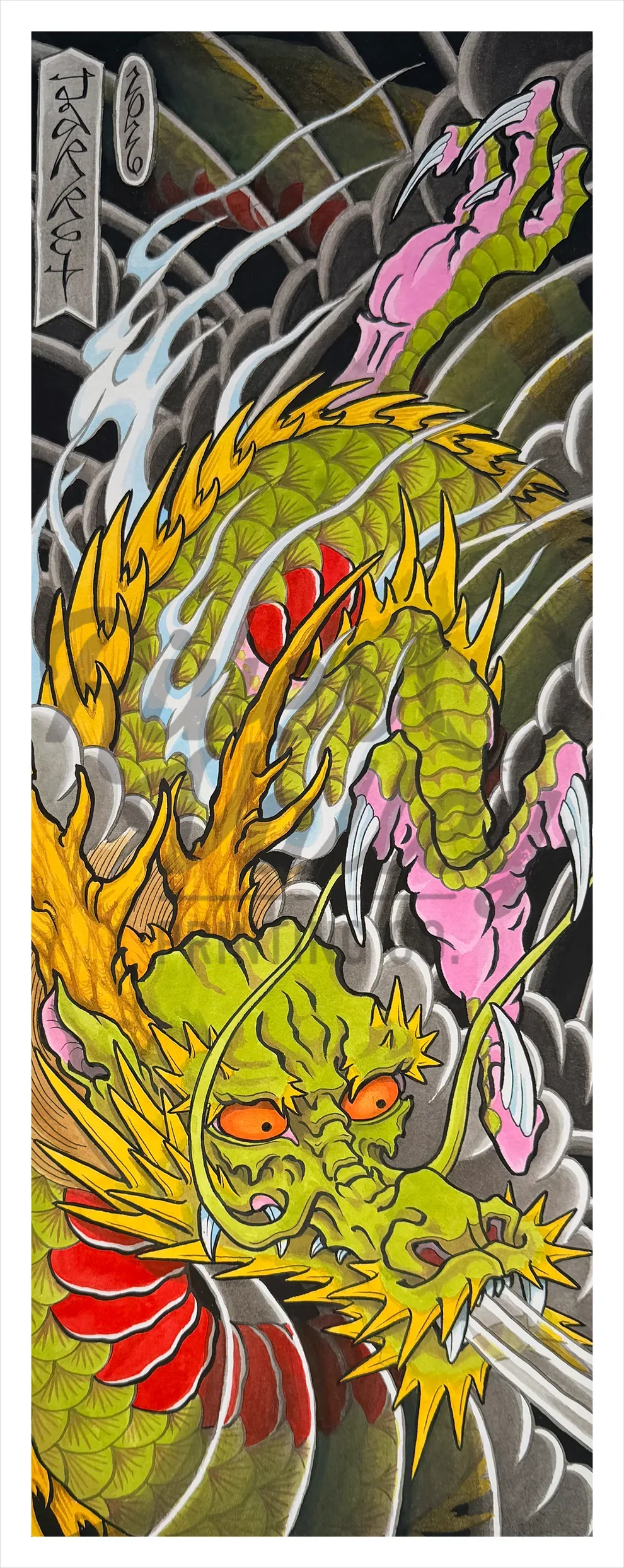 A vibrant illustration of a fierce green dragon with orange eyes, sharp white teeth, and yellow spines, surrounded by swirling clouds, water, and abstract elements in dark colors with accents of red, pink, and white.