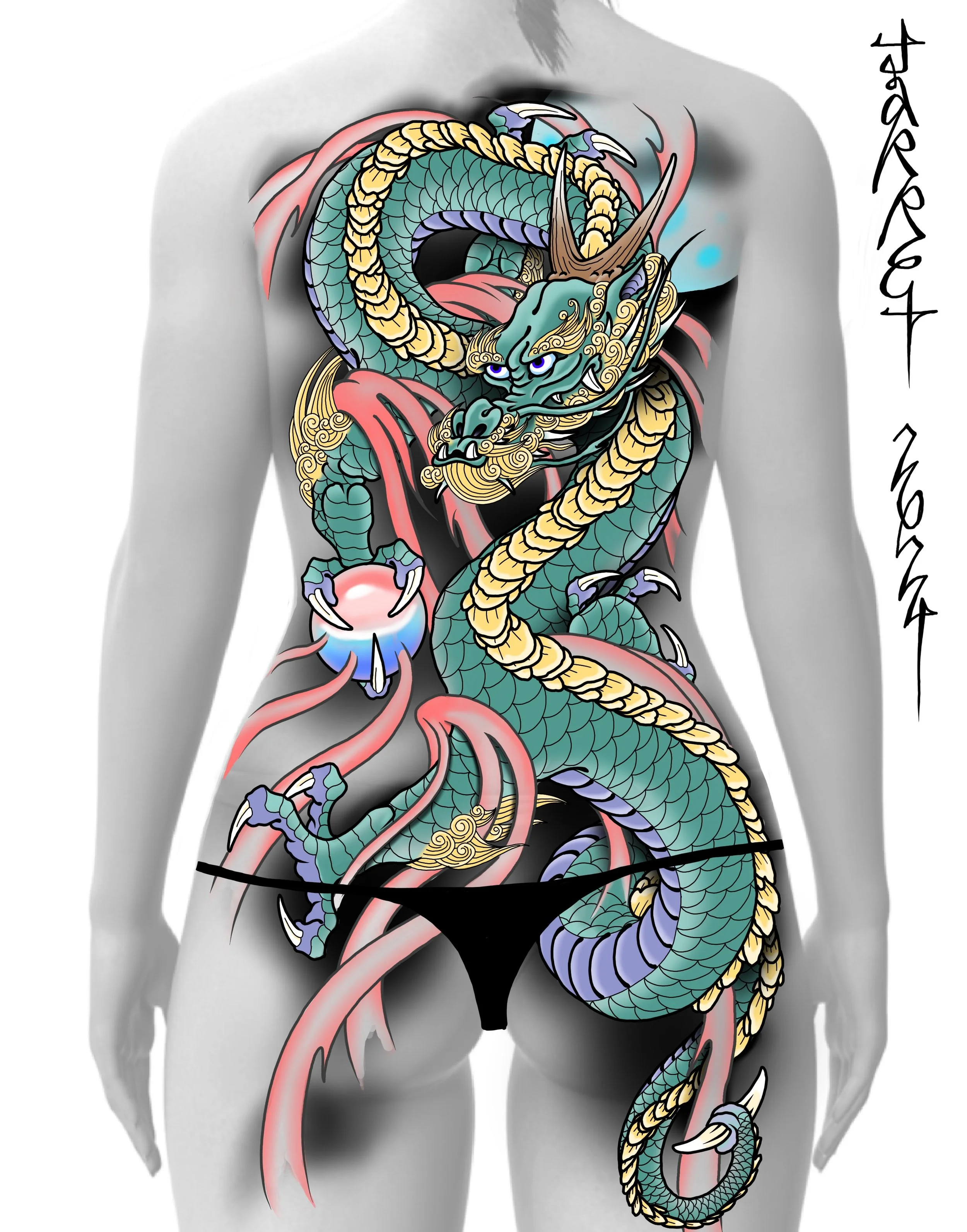 A large, detailed tattoo of a traditional Chinese dragon on a person's back, featuring green scales, a fierce face with blue eyes, golden whiskers, and red accents. The dragon is coiled around the person's torso with its claws gripping a pink and whi