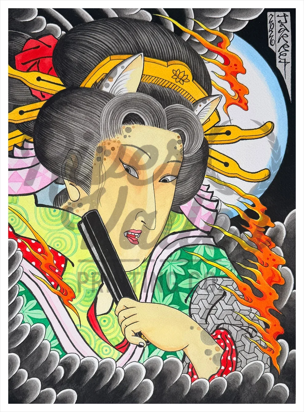 A colorful traditional Japanese-style illustration of a female geisha with black hair styled in an elaborate updo, holding a folding fan, surrounded by swirling clouds, flames, rocks, and a moon in the background.