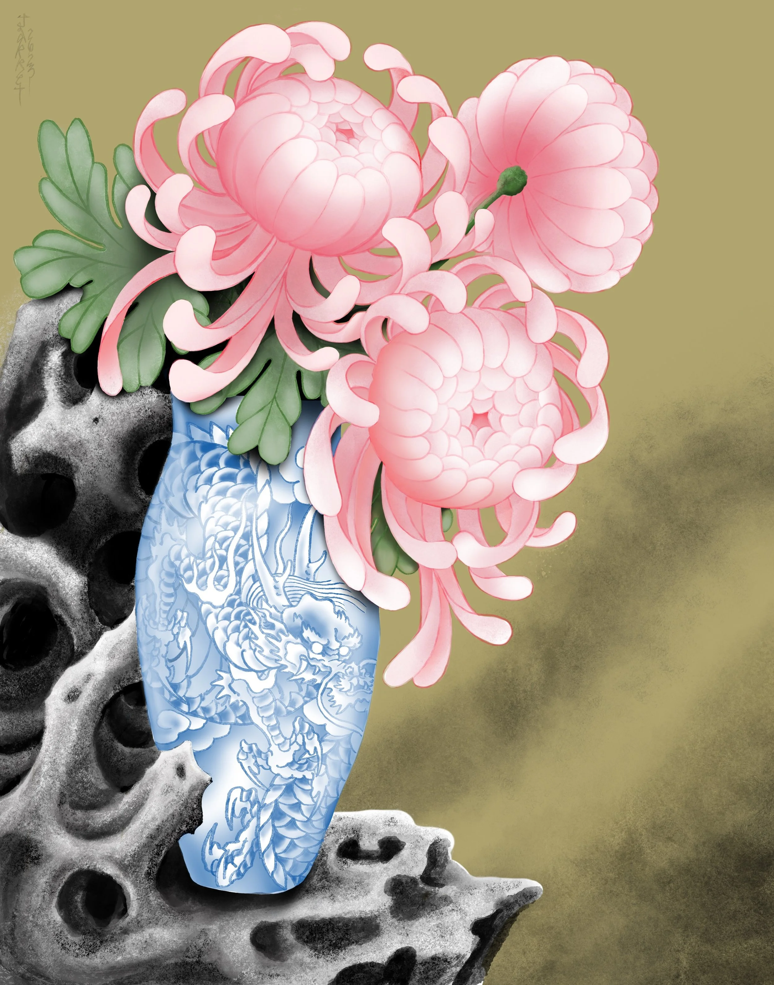 A floral arrangement featuring pink chrysanthemums in a blue porcelain vase with traditional dragon design, placed on a textured gray surface against an olive green background.