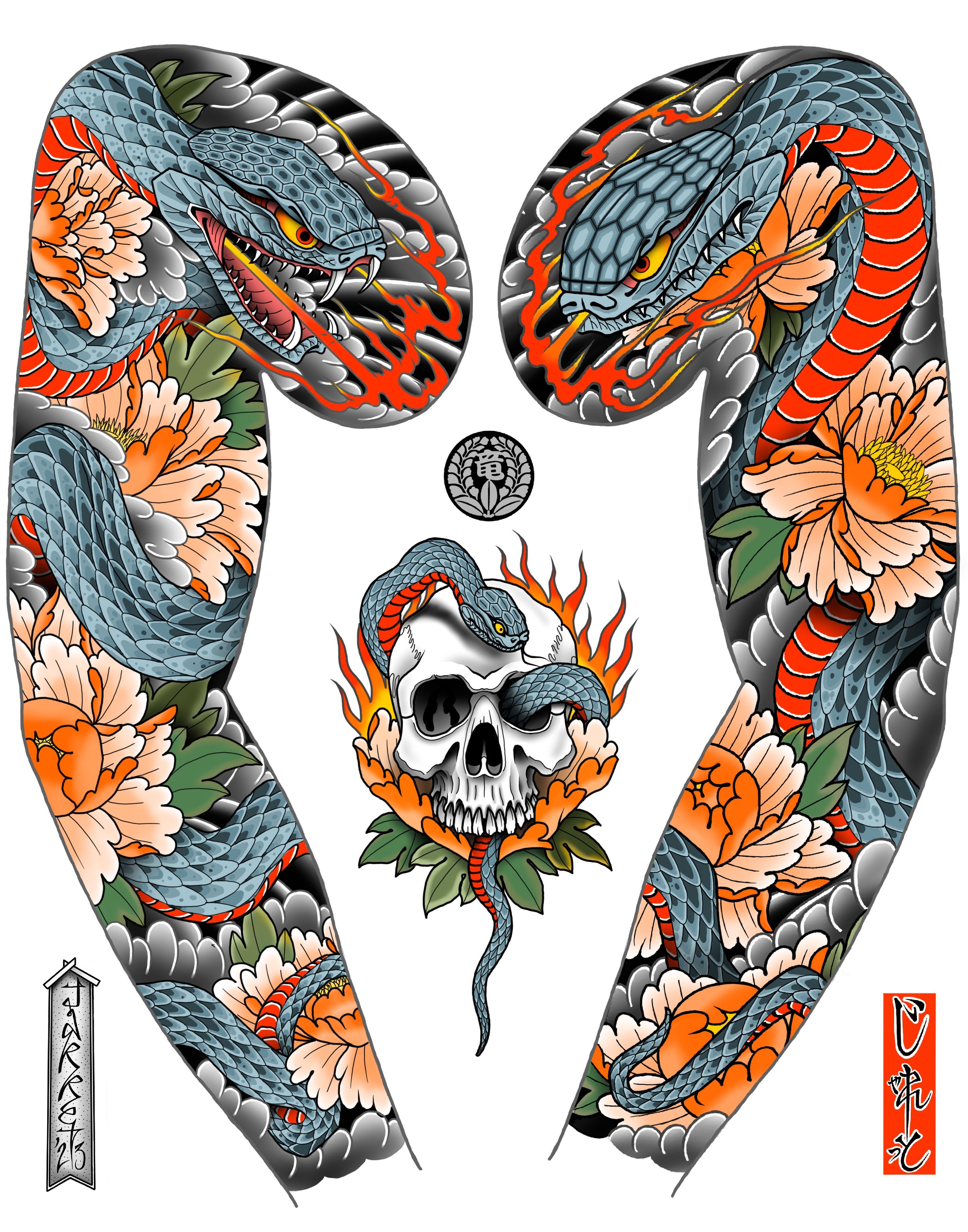 Tattoo design featuring two large, fierce snakes with blue and red scales, intertwined with pink and orange flowers, surrounding a skull with a snake coiled around it, with flames in the background and Japanese characters.