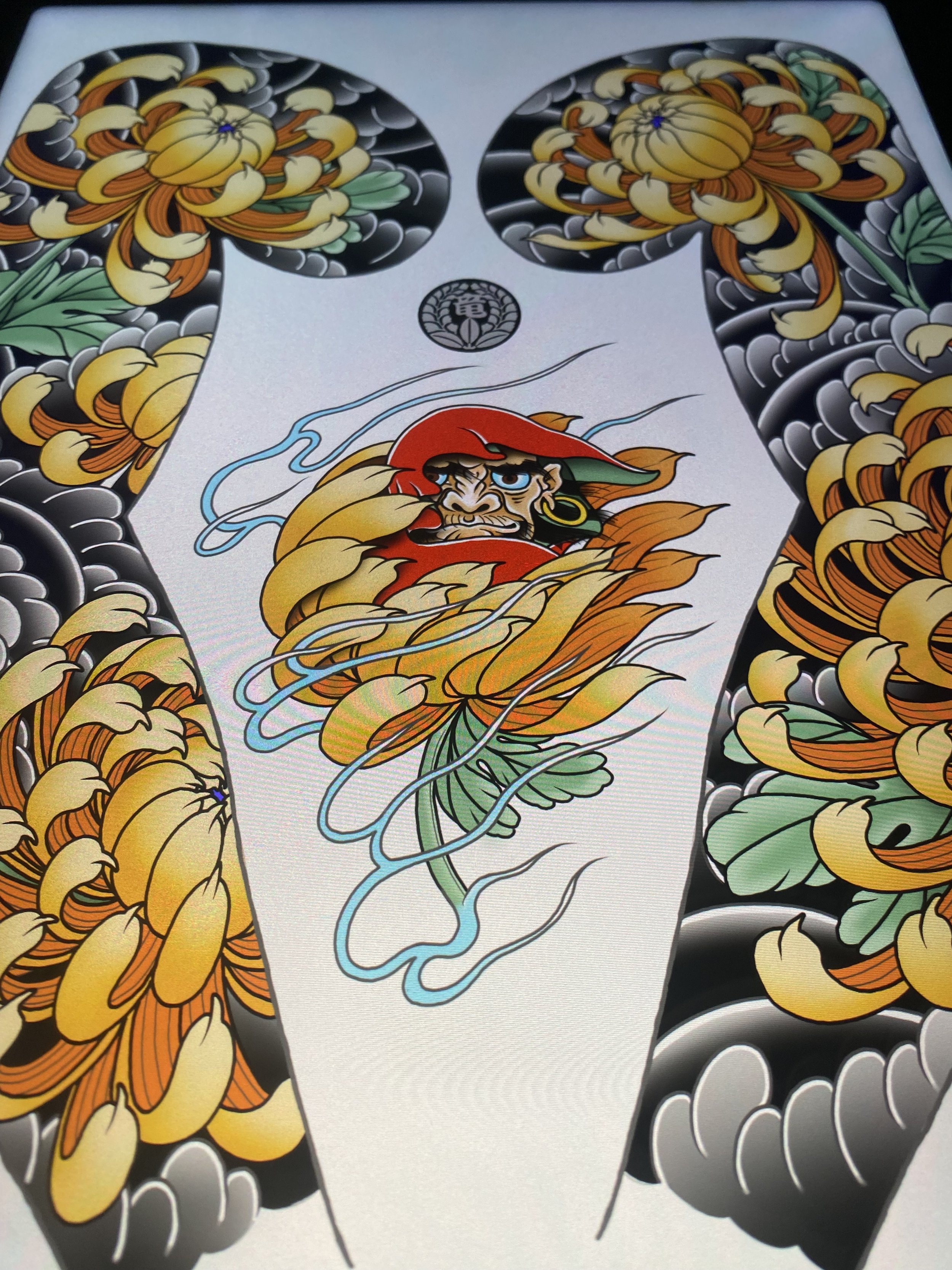 Tattoo design featuring a fierce warrior with a red hood and earrings, surrounded by yellow and orange flames and green leaves, set against a background of black clouds.