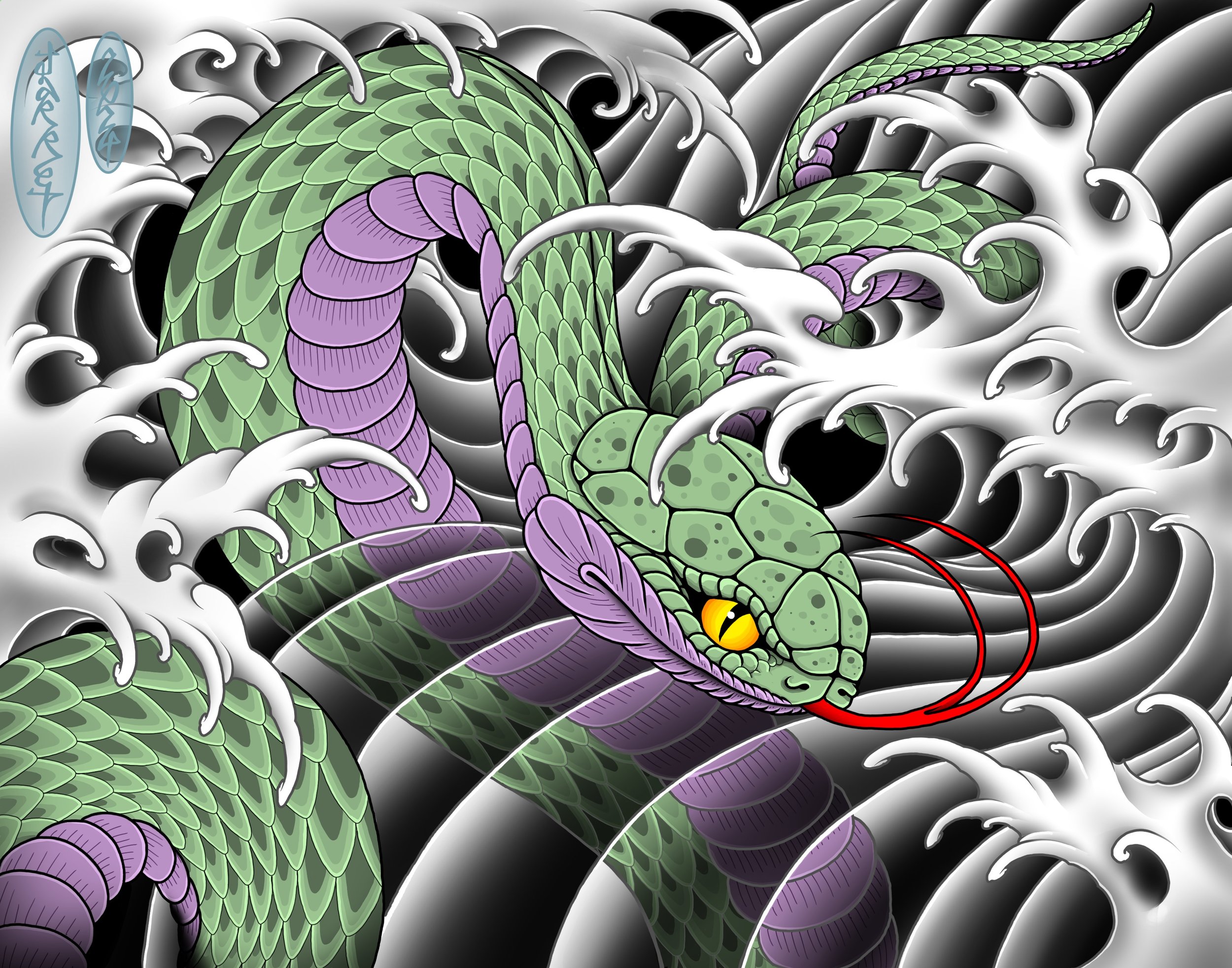 A stylized illustration of a green and purple snake with yellow eyes slithering through ocean waves.