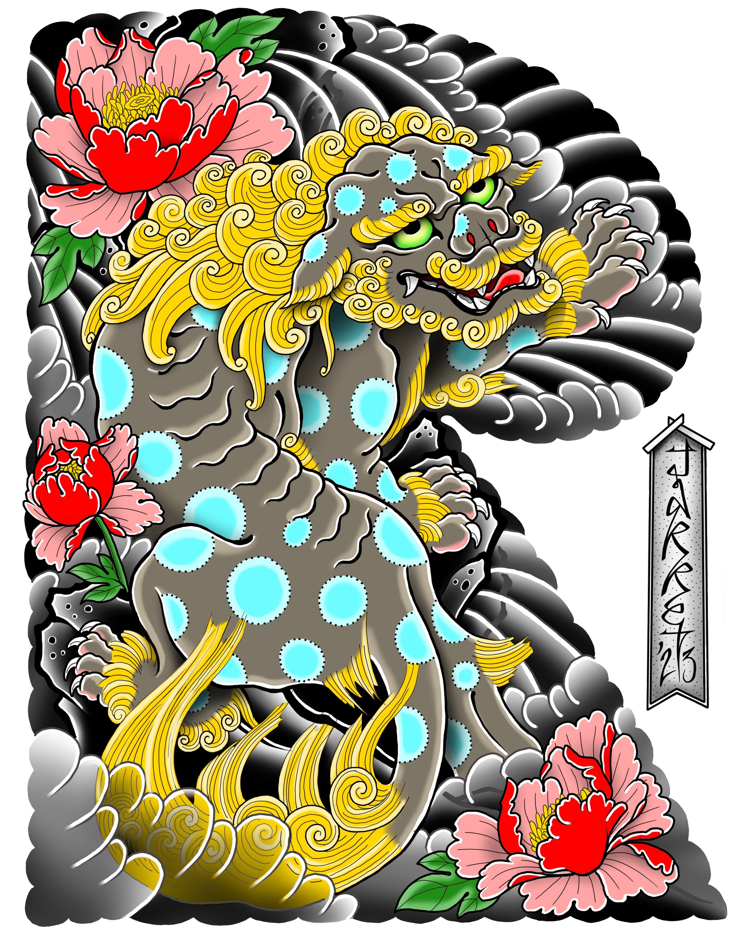 Traditional Japanese style illustration of a Shisa or lion-dog including flowers and clouds, with Japanese characters on a banner.