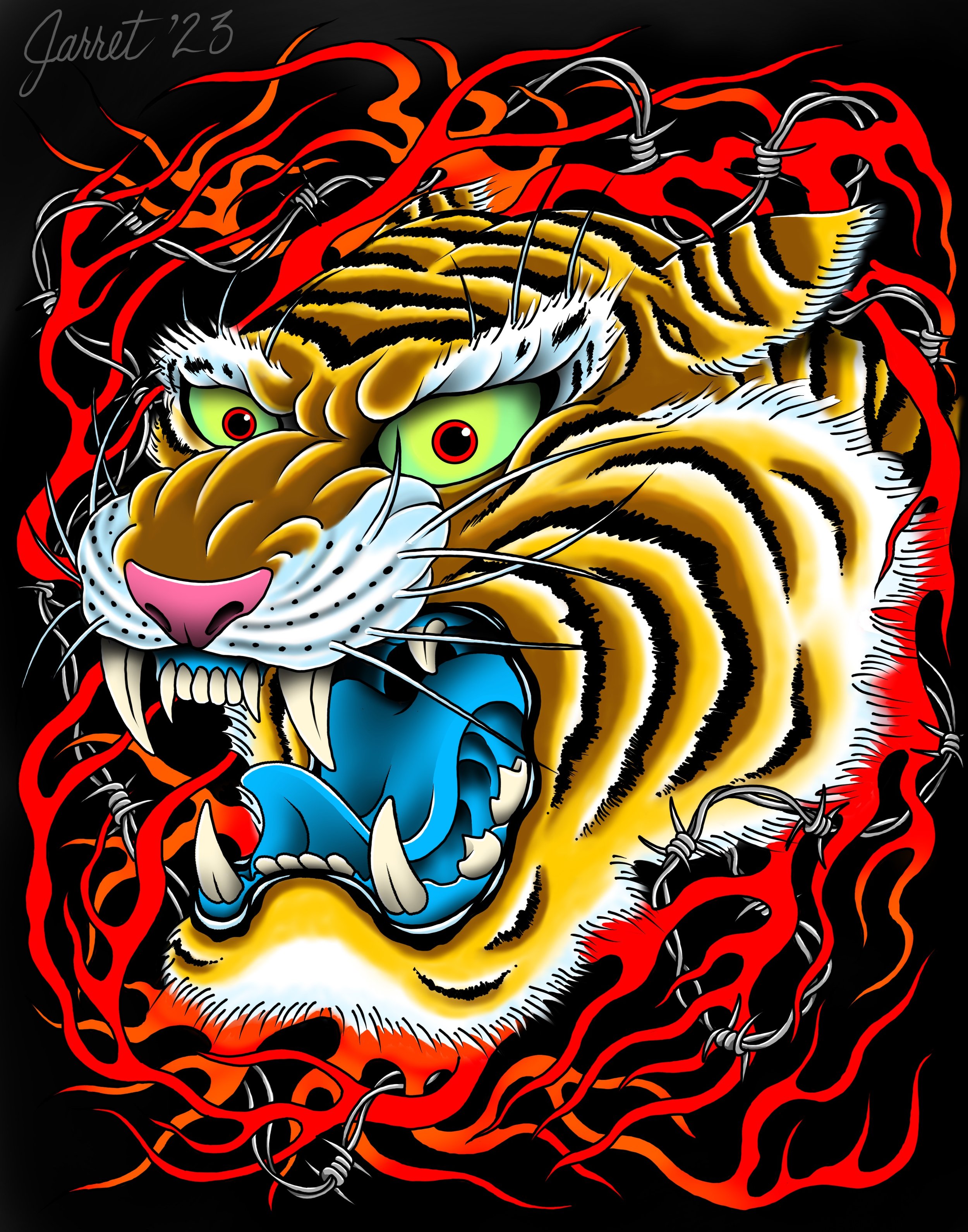 A vibrant illustration of a tiger's head with sharp teeth, green eyes, and black stripes, surrounded by red flames and barbed wire.