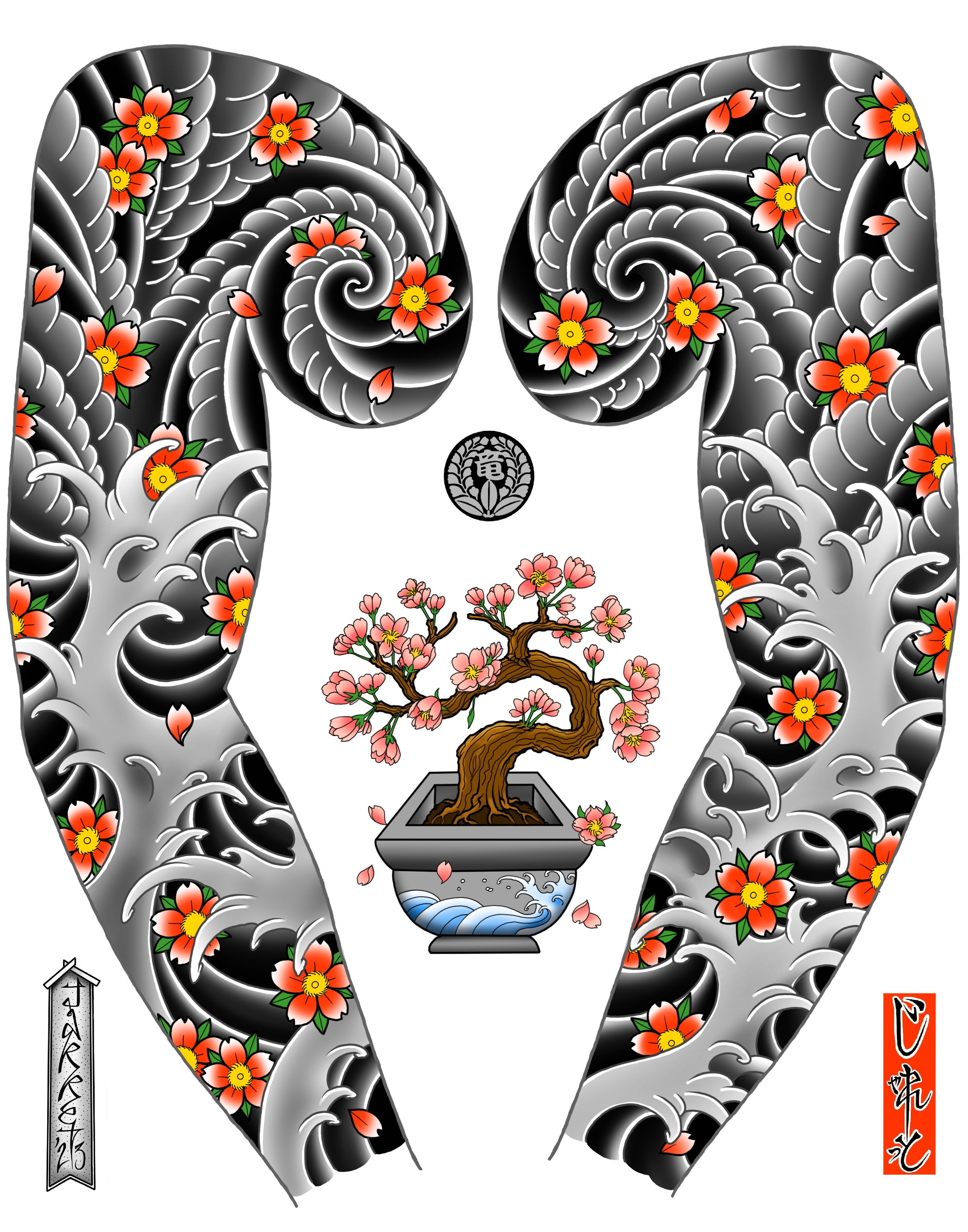 Tattoo design featuring stylized black and white clouds with orange flowers, a bonsai tree with pink blossoms in a decorative pot, and Japanese characters.