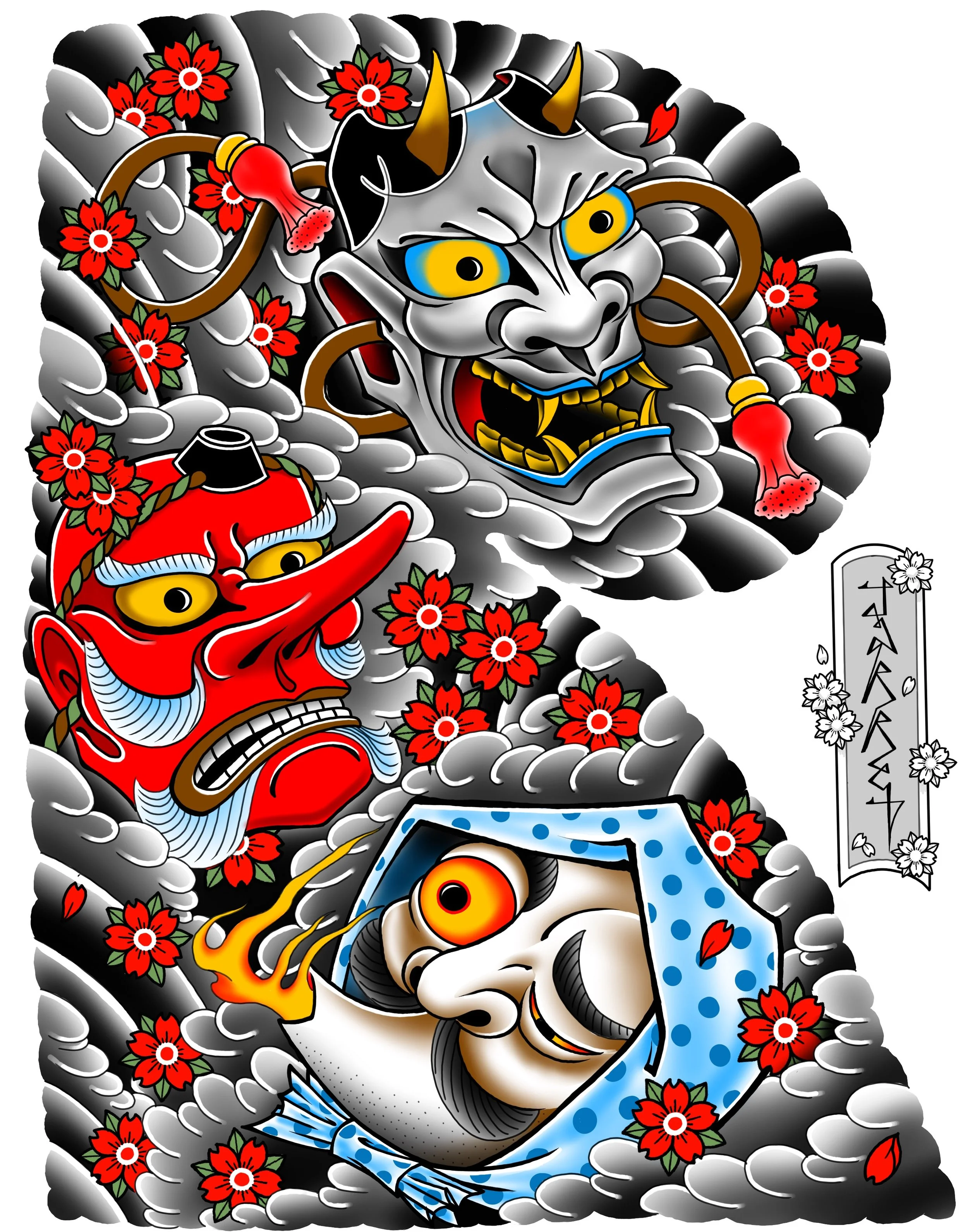 Traditional Japanese tattoo featuring a fierce white and black Oni mask, a red Oni face with a long nose, and a smiling man with a beard wearing a blue headscarf, surrounded by red flowers and black clouds, with Japanese characters on a scroll.
