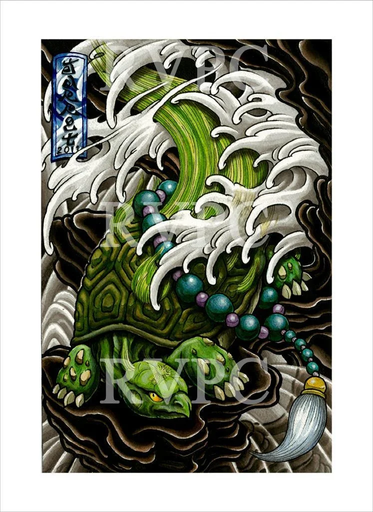 Traditional Japanese tattoo art featuring a turtle with a dragon head, surrounded by stylized ocean waves and traditional crest elements.
