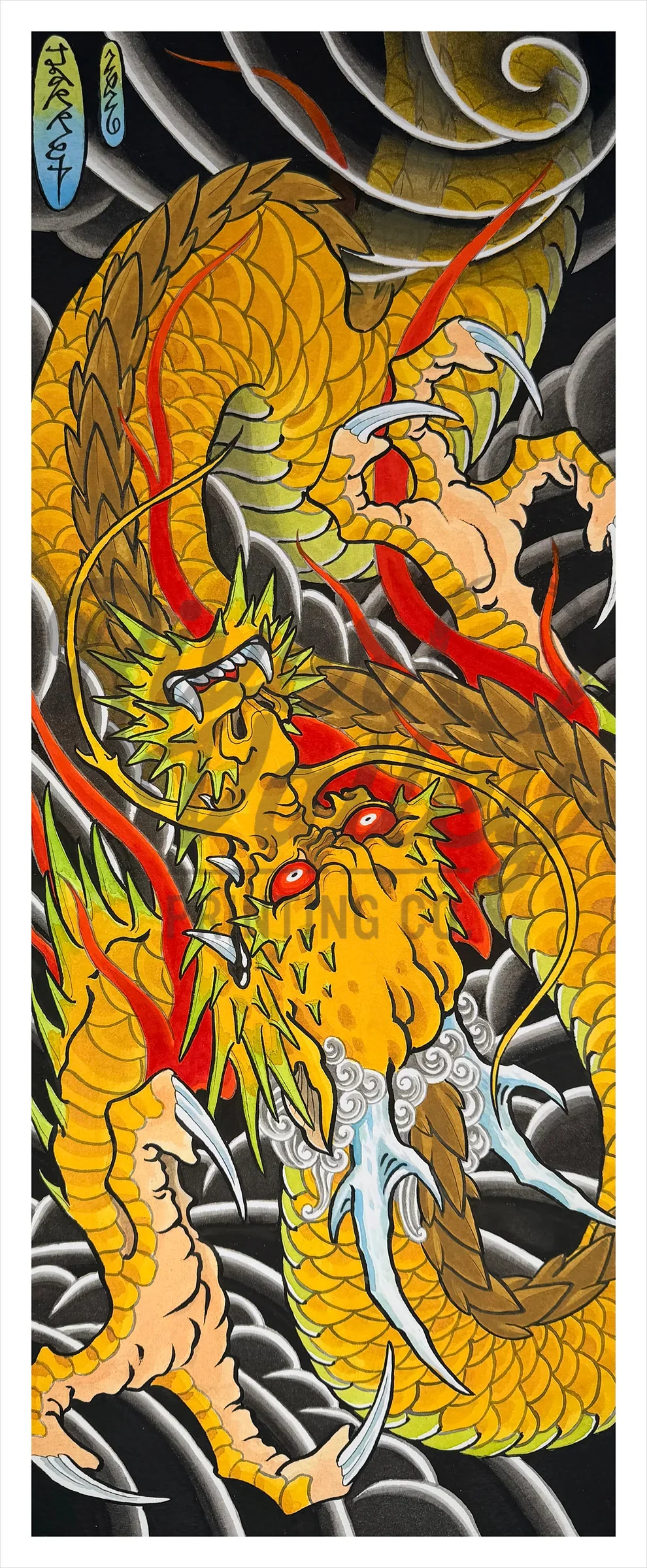 A vibrant Japanese-style tattoo of a fierce, golden-yellow dragon with red eyes and white claws, surrounded by dark clouds and flames.