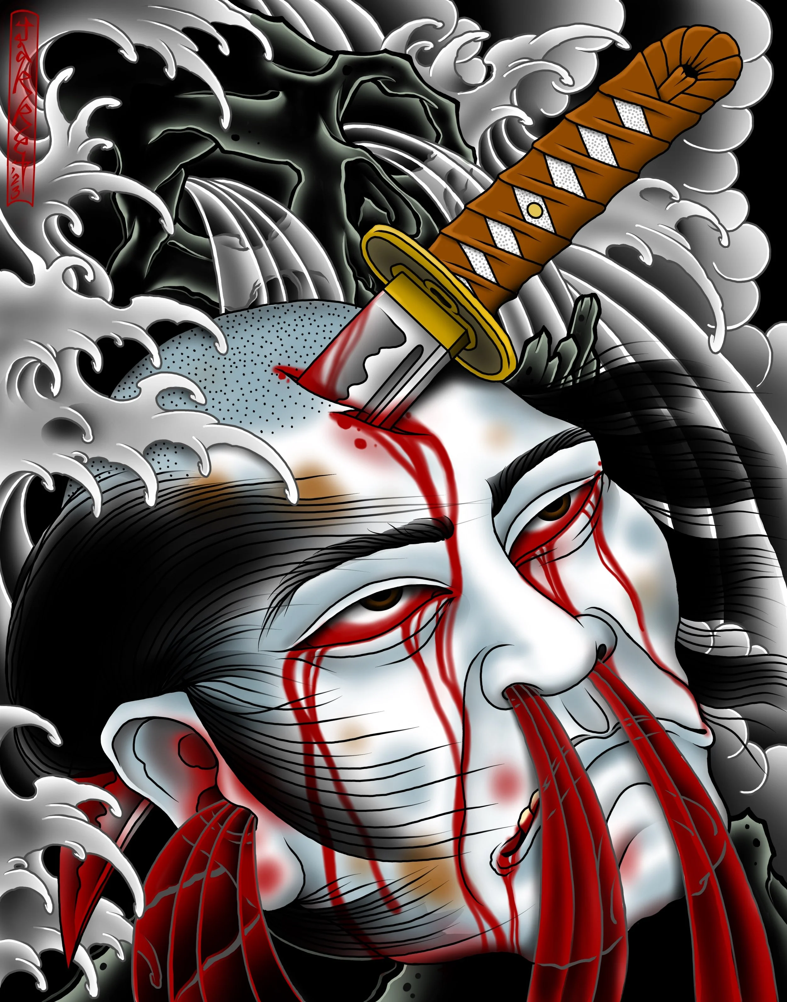 A detailed digital artwork of a person with long black hair, blood streaming from their nose, with a sword stabbed into their head. The scene is chaotic with waves and stormy clouds in the background.