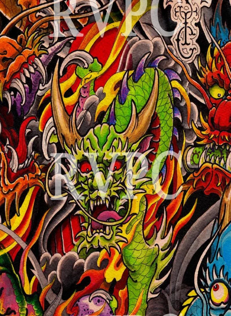 Colorful tattoo-style illustration of a green dragon with red eyes, horns, and scales, surrounded by flames and other mythical creatures.