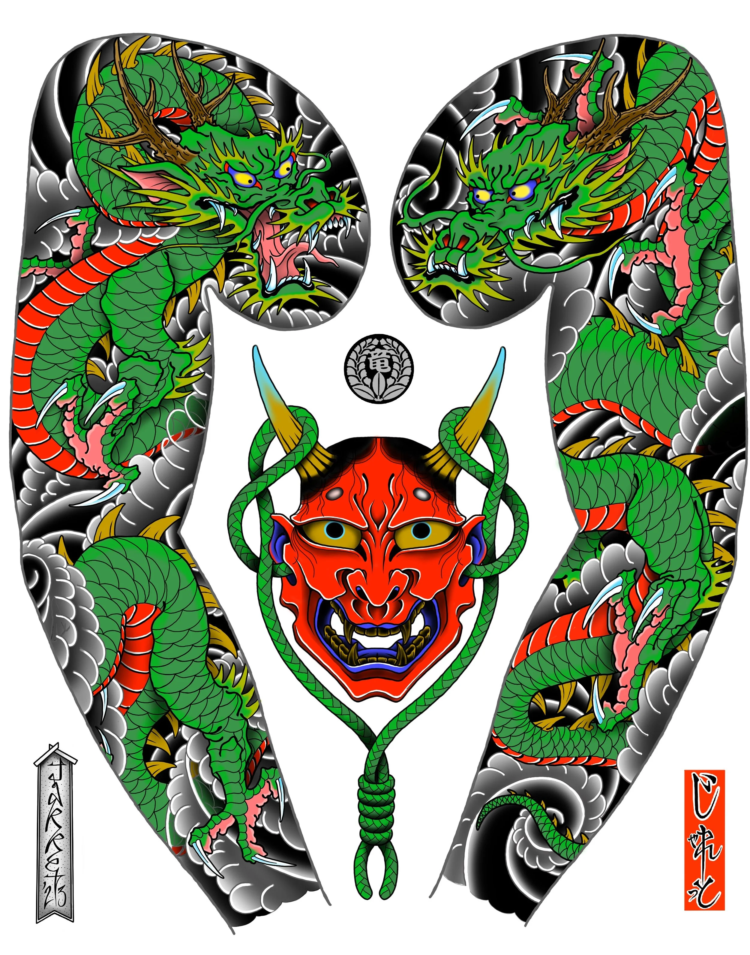 Colorful tattoo art featuring two green dragons with red accents surrounding a red oni mask with yellow eyes, horns, and a braided green rope. Background includes clouds and Japanese calligraphy.