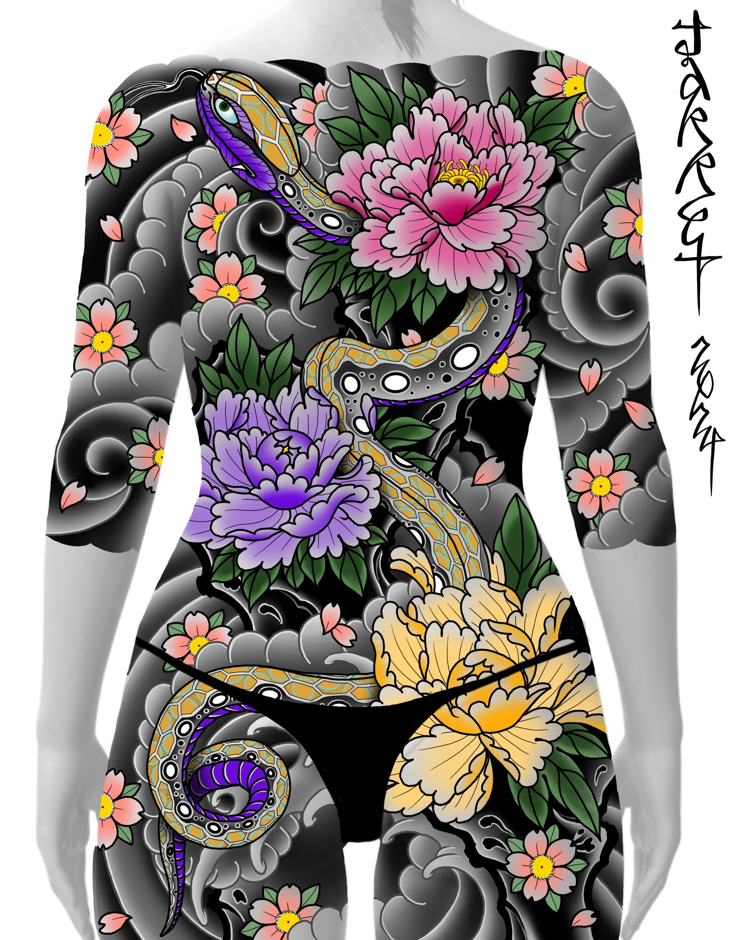 A tattoo of a snake intertwined with pink, purple, and yellow peonies and cherry blossoms, with dark clouds and flowing lines, and the words 'Tattoo Art' written on the right side.