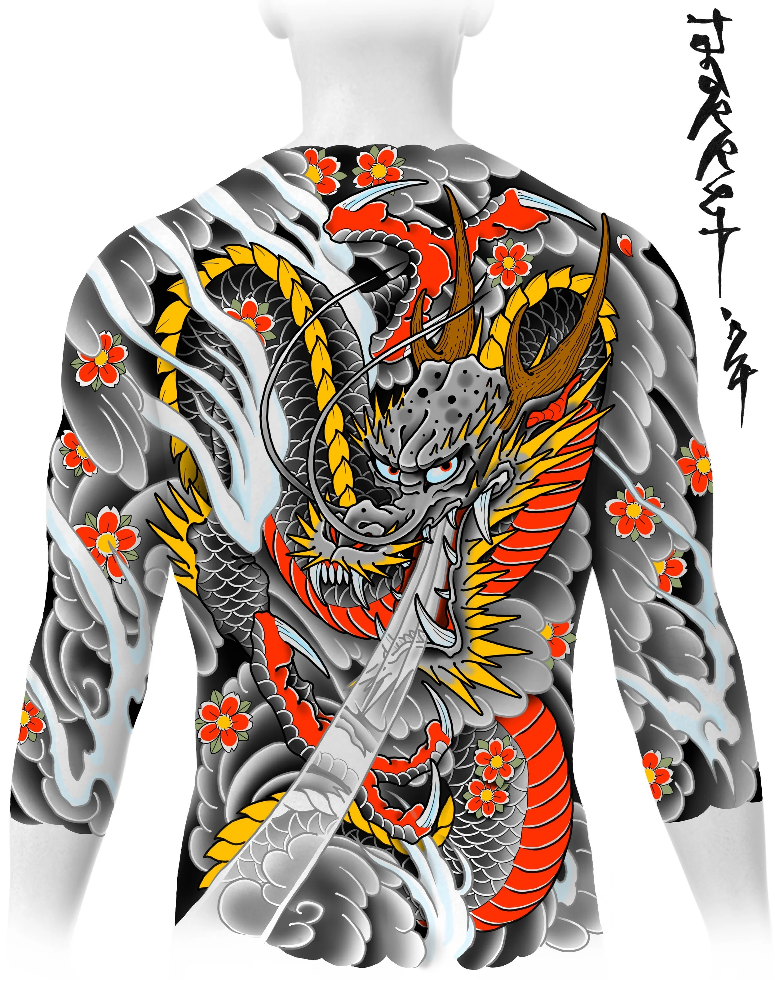 Tattoo of a fierce dragon with black, red, yellow, and white details, surrounded by water waves and red flowers, displayed on a person's back.