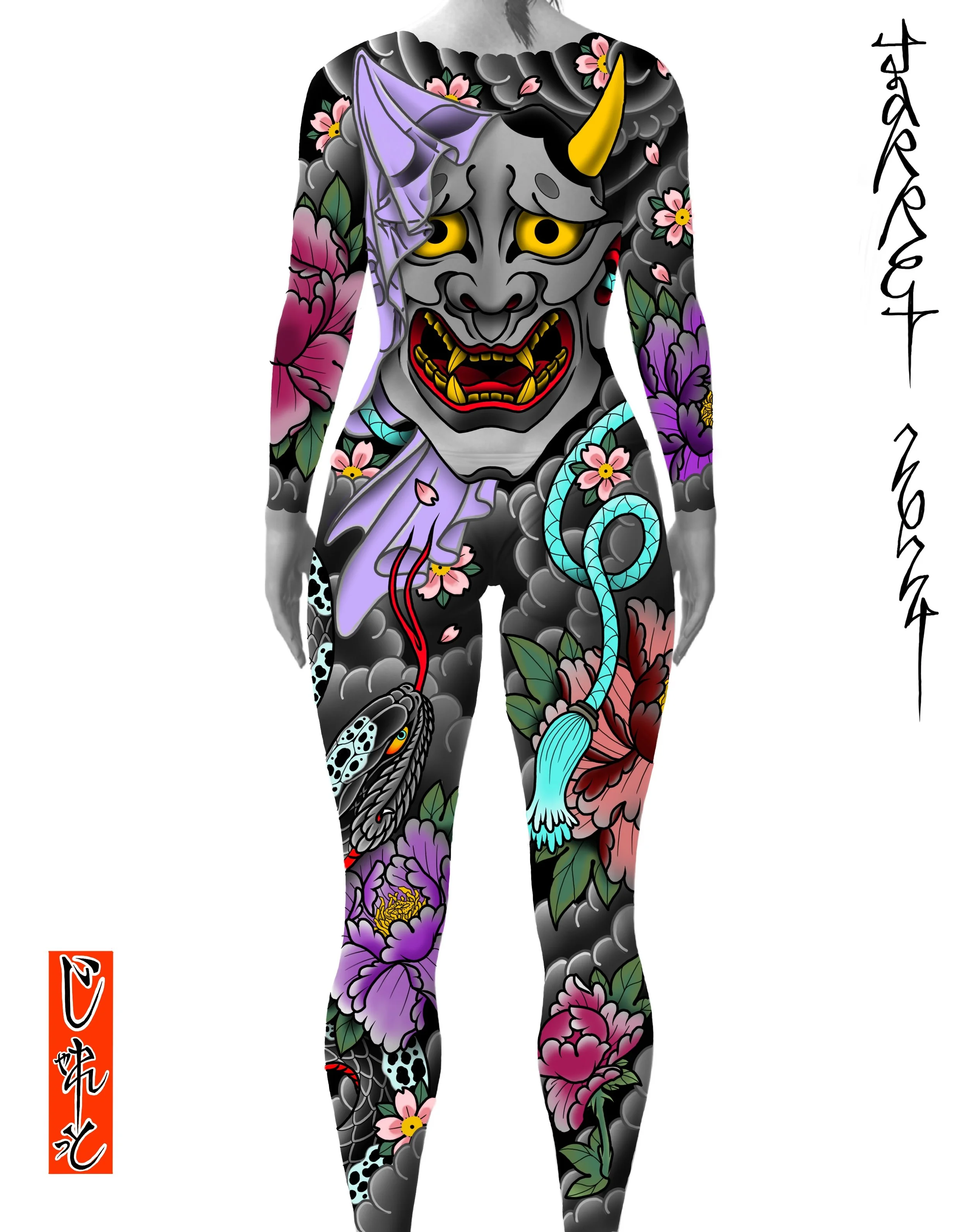 A tattoo design featuring a traditional Japanese demon mask with yellow eyes, a gray face, and a yellow horn, surrounded by colorful flowers, a snake, a dragon, and a bird.