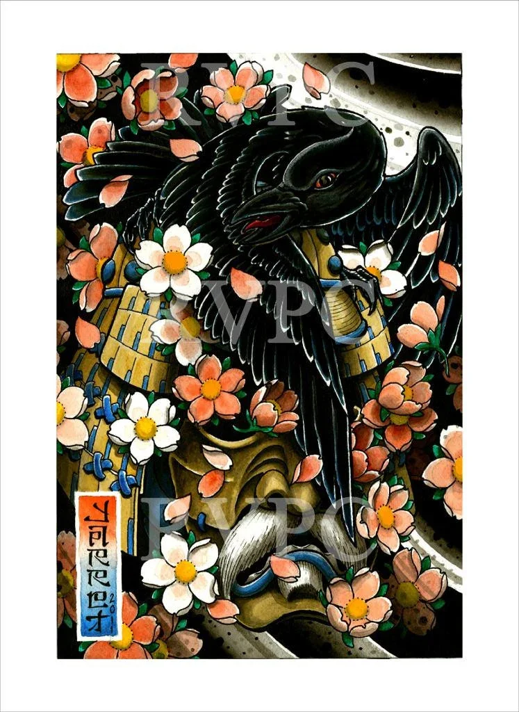 A colorful traditional Japanese tattoo featuring a black dragon intertwined with cherry blossoms, a barrel, and Japanese characters.