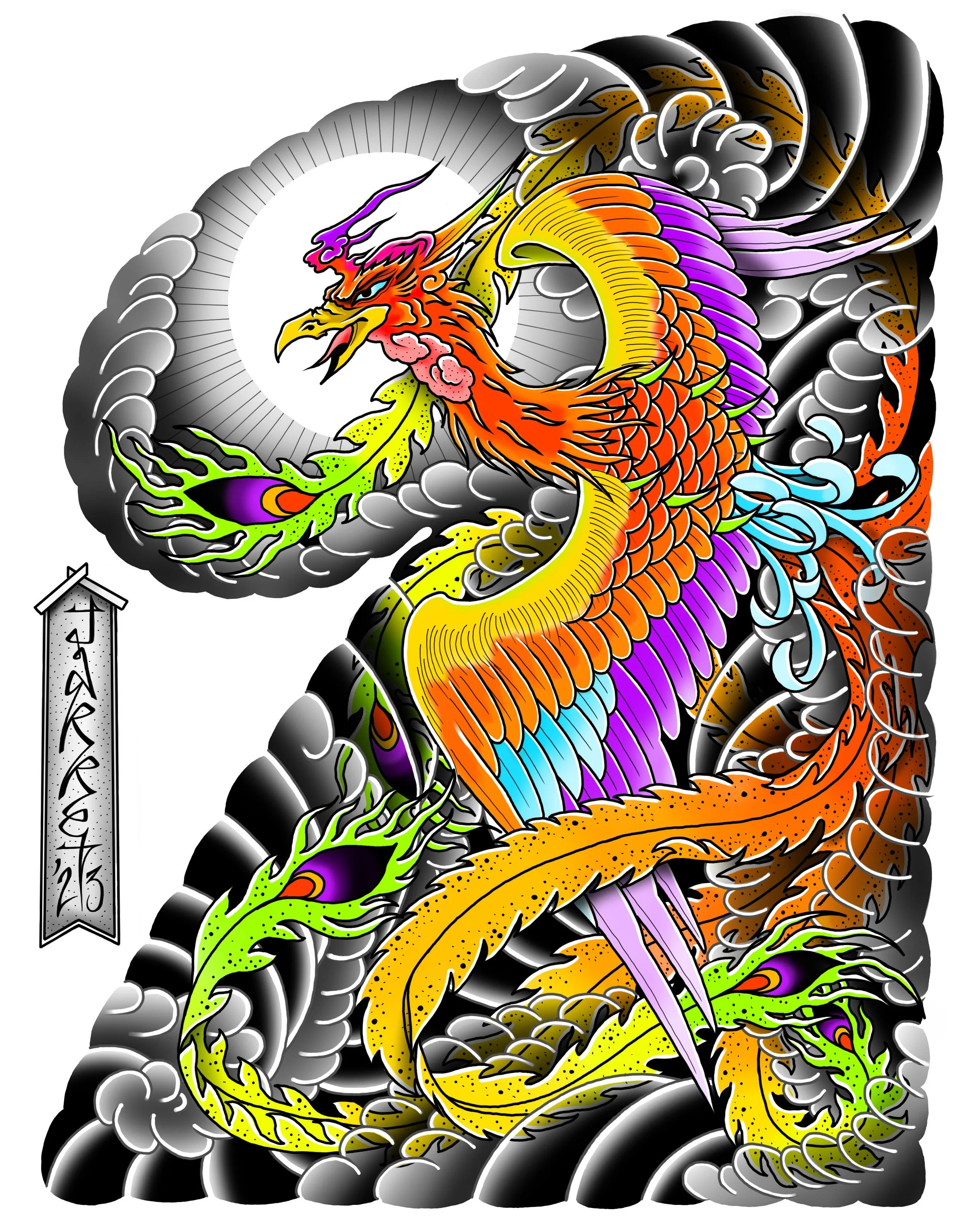 Colorful traditional Japanese tattoo design featuring a dragon coiled around clouds with a full moon background and a vertical banner with Japanese characters.