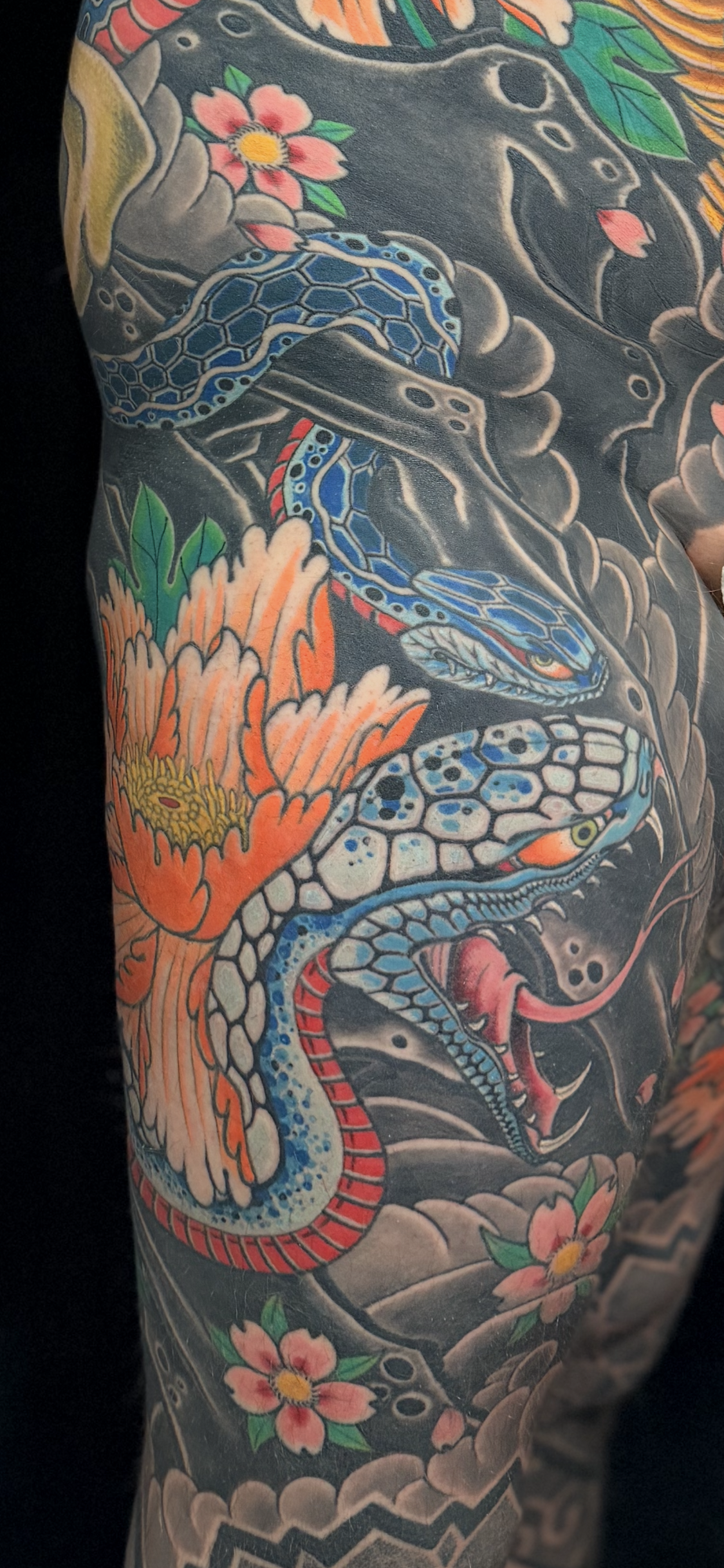 Colorful tattoo of a snake intertwined with pink flowers and green leaves on a person's arm.