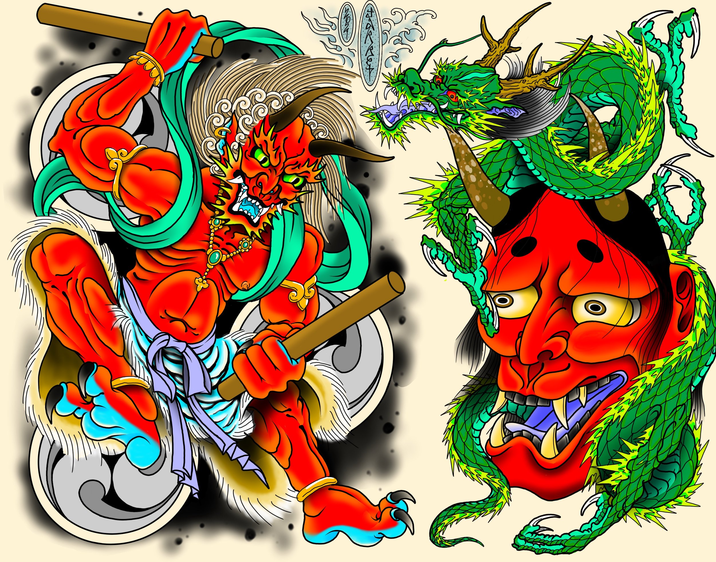 A colorful illustration of a fierce red tiger with green eyes, wielding a sword, facing a green dragon with yellow eyes, sharp claws, and spikes, in a traditional Japanese tattoo style.