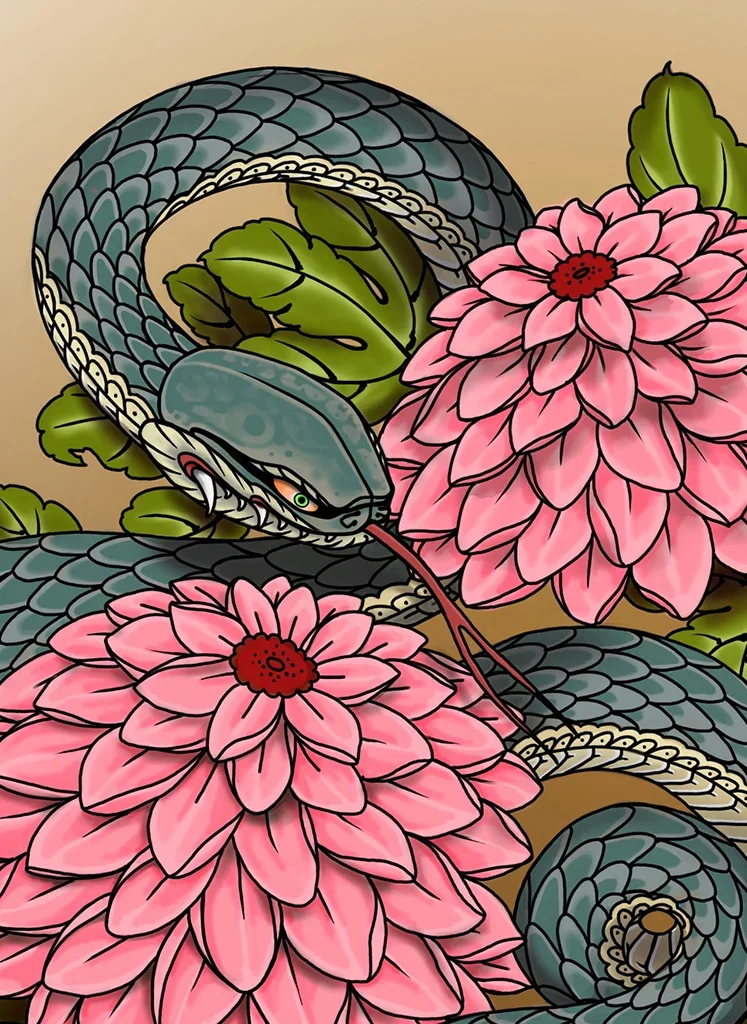 A snake with detailed gray and green scales intertwined with pink flowers and green leaves against a beige background.