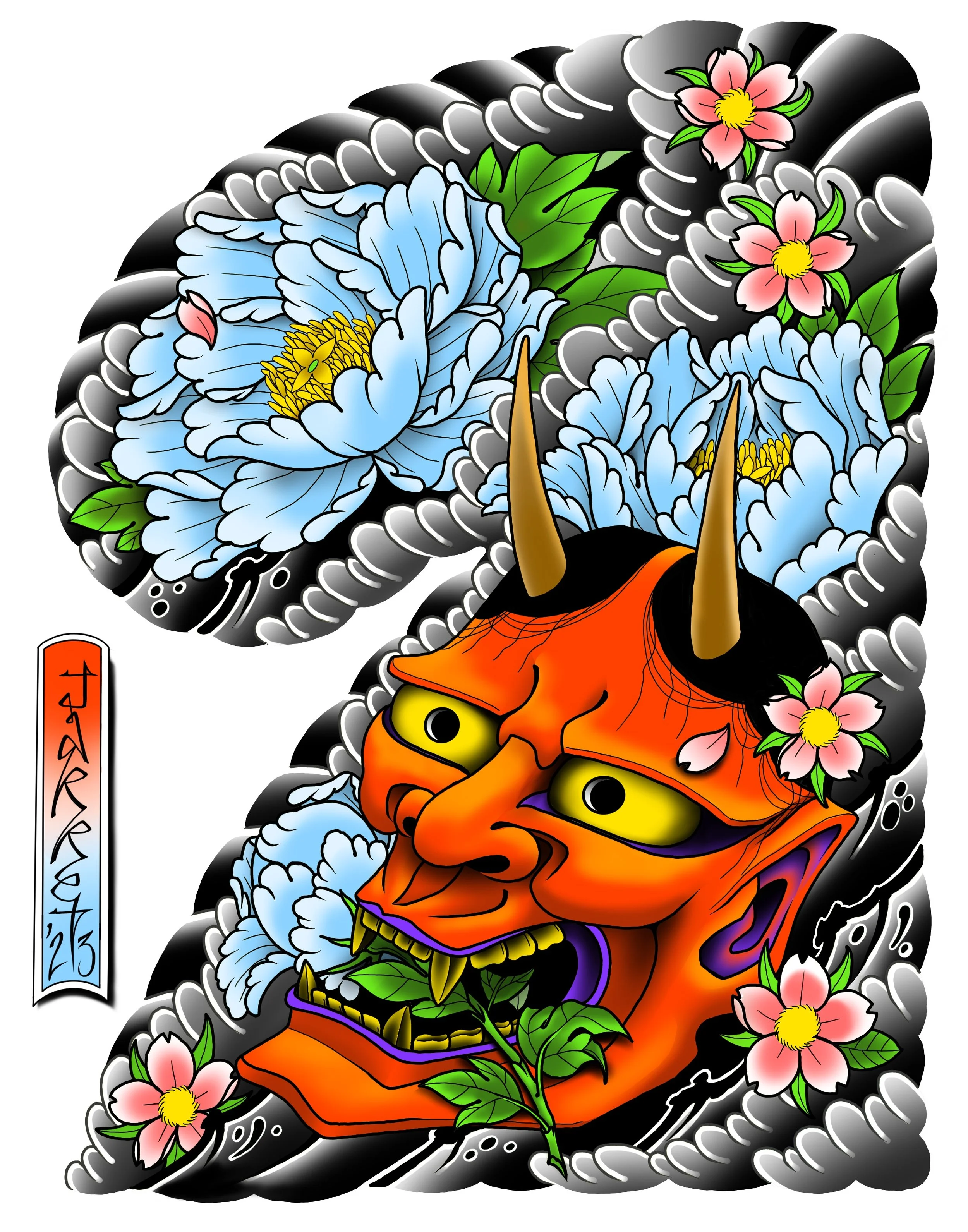 Traditional Japanese tattoo featuring an orange oni mask with yellow eyes, black hair, sharp teeth, surrounded by pink cherry blossoms, blue peonies, and a black and gray wave background.